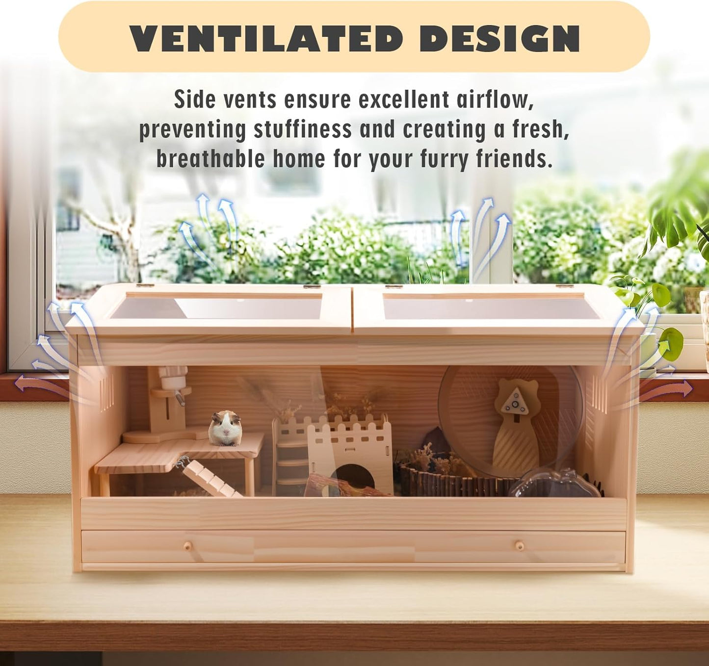 Wooden Hamster Cage with Pull-Out Tray, Small Animal Habitat with Double Skylight Doors for Gerbil, Mouse, Guinea Pig, Rat, No Accessories (31.5" L x 15.7" W x 15.7" H)