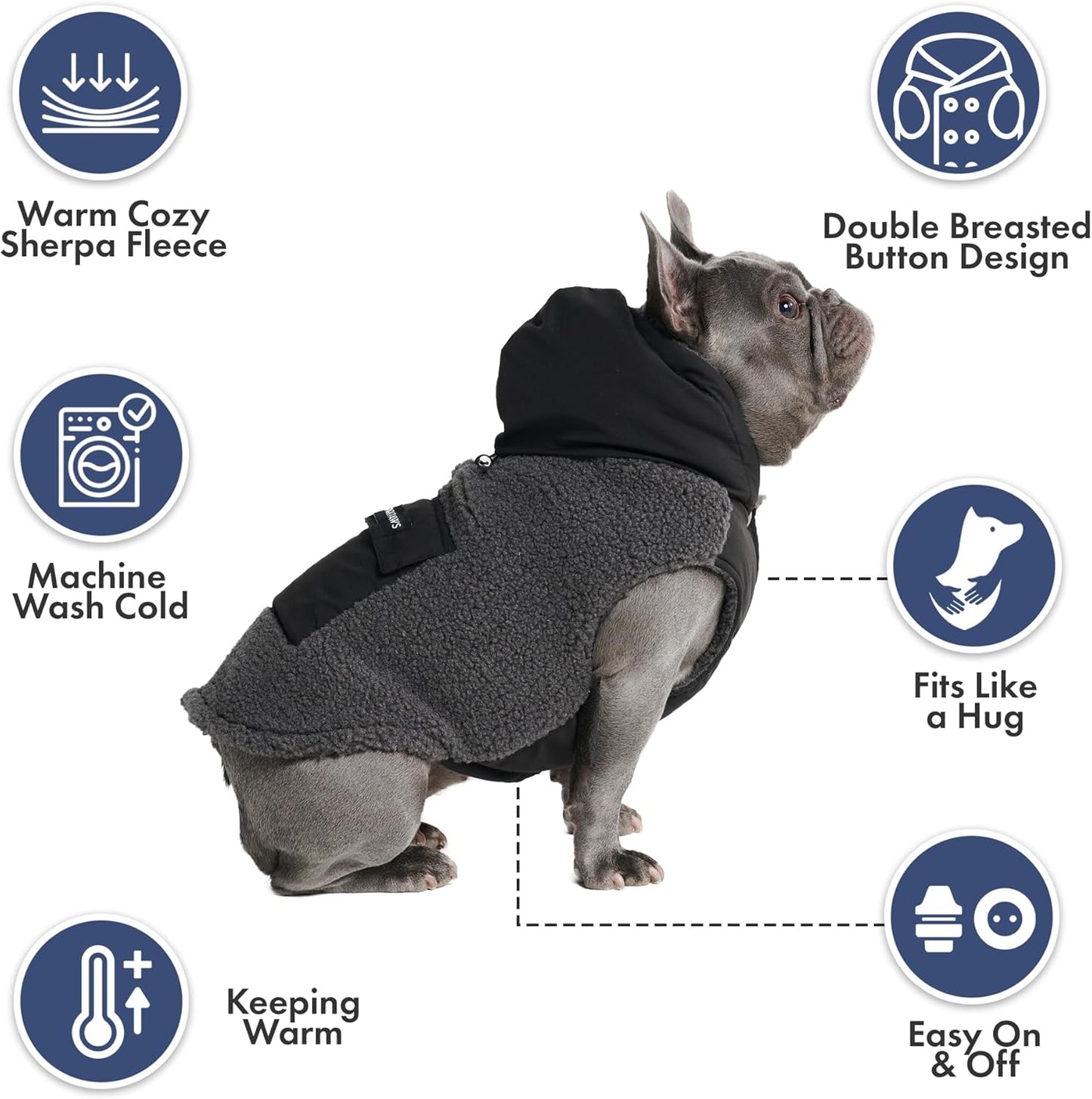 Spark Paws Reversible Dog Sweater, Sherpa Jacket Vest with Warm Fleece Lining, Warm Coat for Winter, Suitable for Small Medium, Large, XL XXL Dogs - Black and Grey - XL