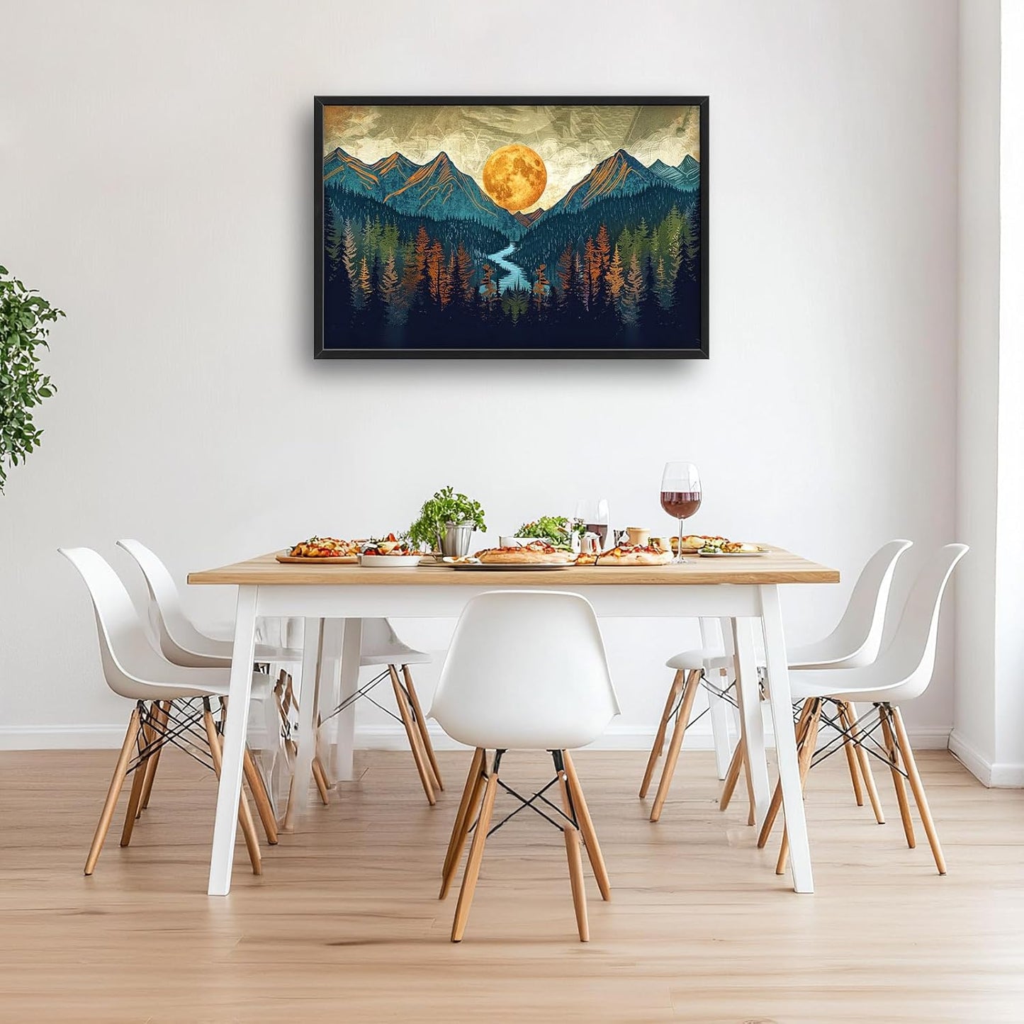 Quorin Boho Mountain Large Wall Art Mountain Landscape Pictures Moon Pine Tree Forest Lake Wall Decor Nature Canvas Print Painting Artwork for Bathroom Living Room Bedroom 36L x 24W