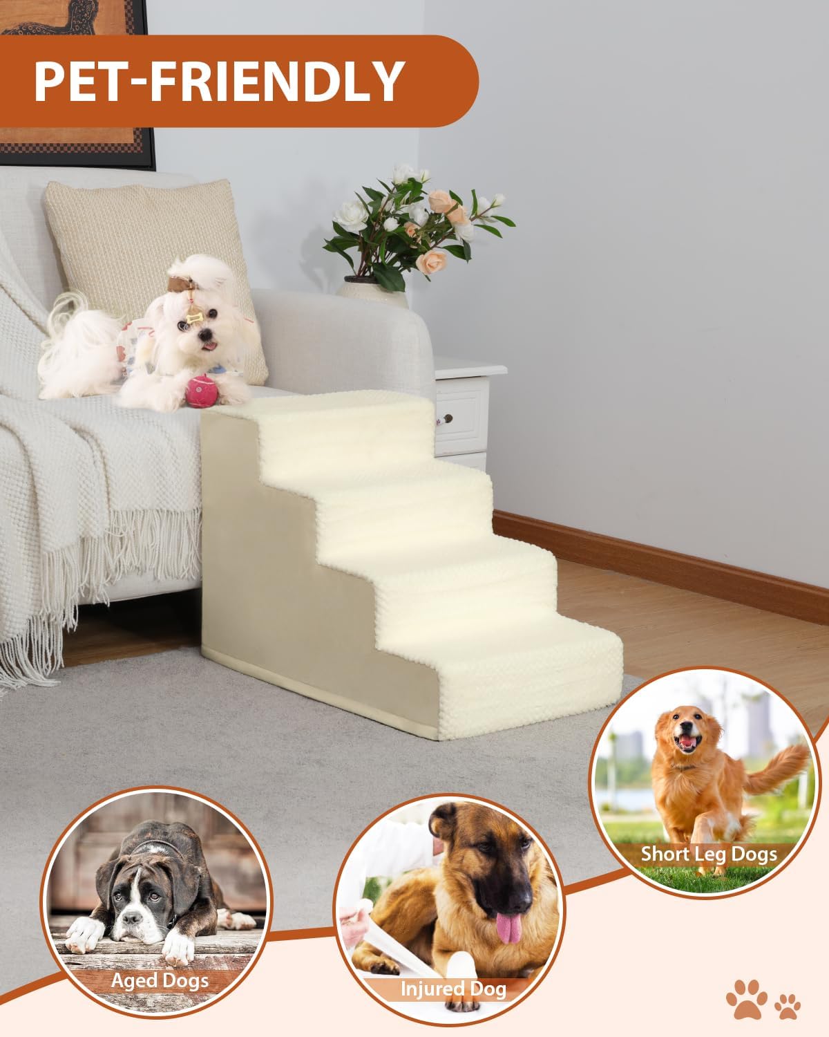 Dog Stairs for Small Dogs,22" H,5-Step Dog Steps for High Bed Couch and Sofa,Pet Stairs for Dogs and Cats Climbing with Non-Slip Bottom and Washable Cover,Beige