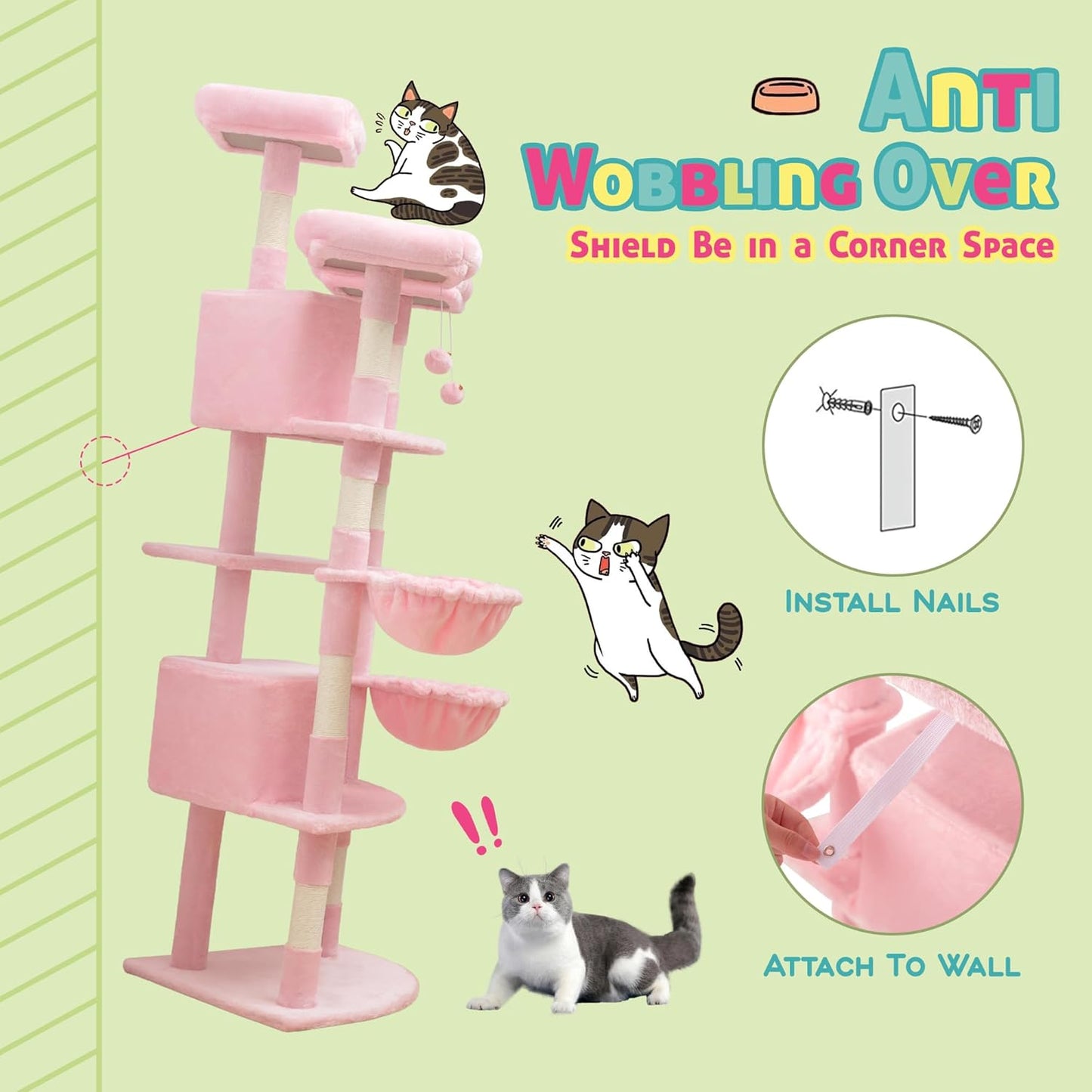 SHA CERLIN 73in Fan-Shaped Corner Cat Tower for Save Space/Multi-Level Tall Cat Tree for Indoor Kitties/Condo with Baskets/Cozy Perches/Sisal Scratching Posts/Pet Activity House/Pink