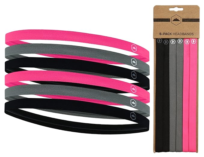 Tough Headwear Thin Elastic Headbands, Sports Headbands for Women & Men - Mens Workout Headband - Running or Soccer Headband - 6-Pack