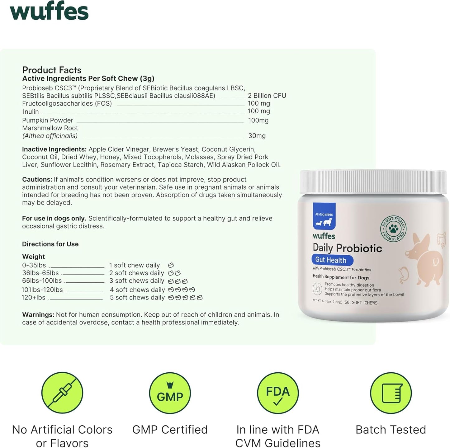 Wuffes Daily Probiotic for Dogs - Supports Digestive Health, Gut Balance, and Immune System - with Prebiotics, Marshmallow Root, and Pumpkin Powder (120 Chews (Pack of 2))