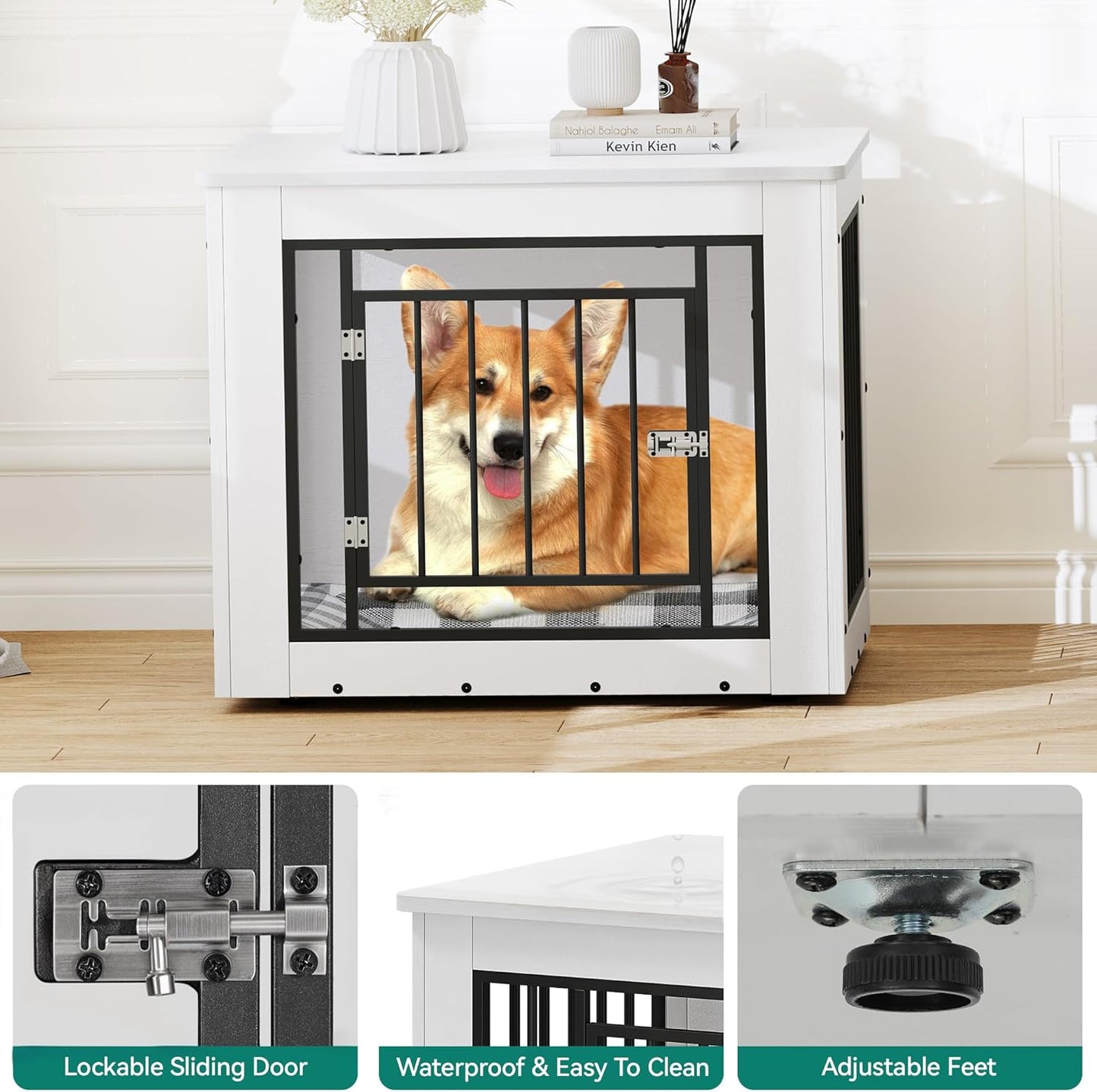 YITAHOME 30.1" L Dog Crate Furniture for Medium Dogs, 2-in-1 Iron-Wood Fusion Dog cage Indoor up to 35 lb, Side End Table, Modern Dogs Kennel with Waterproof Top, Safety Corners,Steel Lock,White