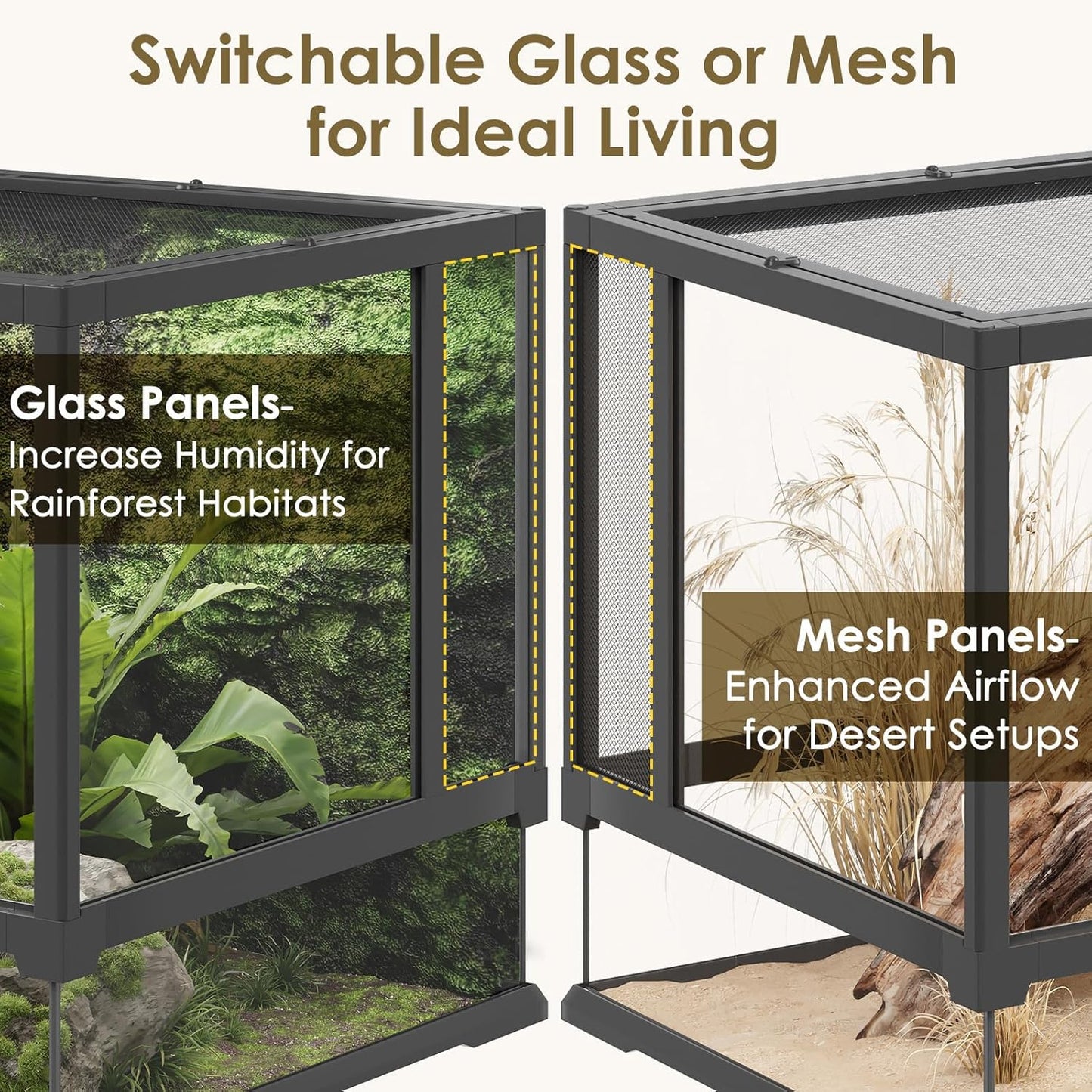 Erinnyees 50 Gallon Reptile Terrarium with Top Screen Ventilation, Snake Habitat with Heating Pad Space, Front Opening Reptile Vivarium with Sliding Cable Outlet for Leopard Geckos, Snakes, Turtles