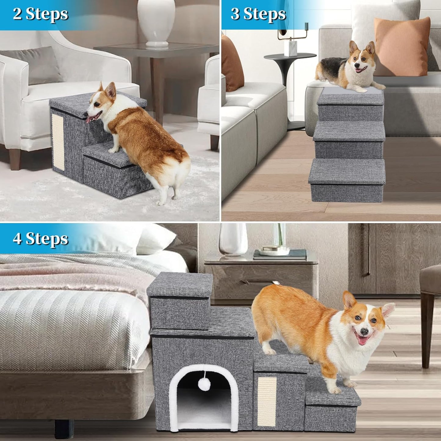 Dog Stairs for Bed and Couch 23“H, Foldable Dog Stairs for Small Older Dogs, 4 in 1 Adjustable Pet Cat Steps Ramps with Storage, Condo, Cat Scratcher, Hold Up to 180LBS, 4 Steps