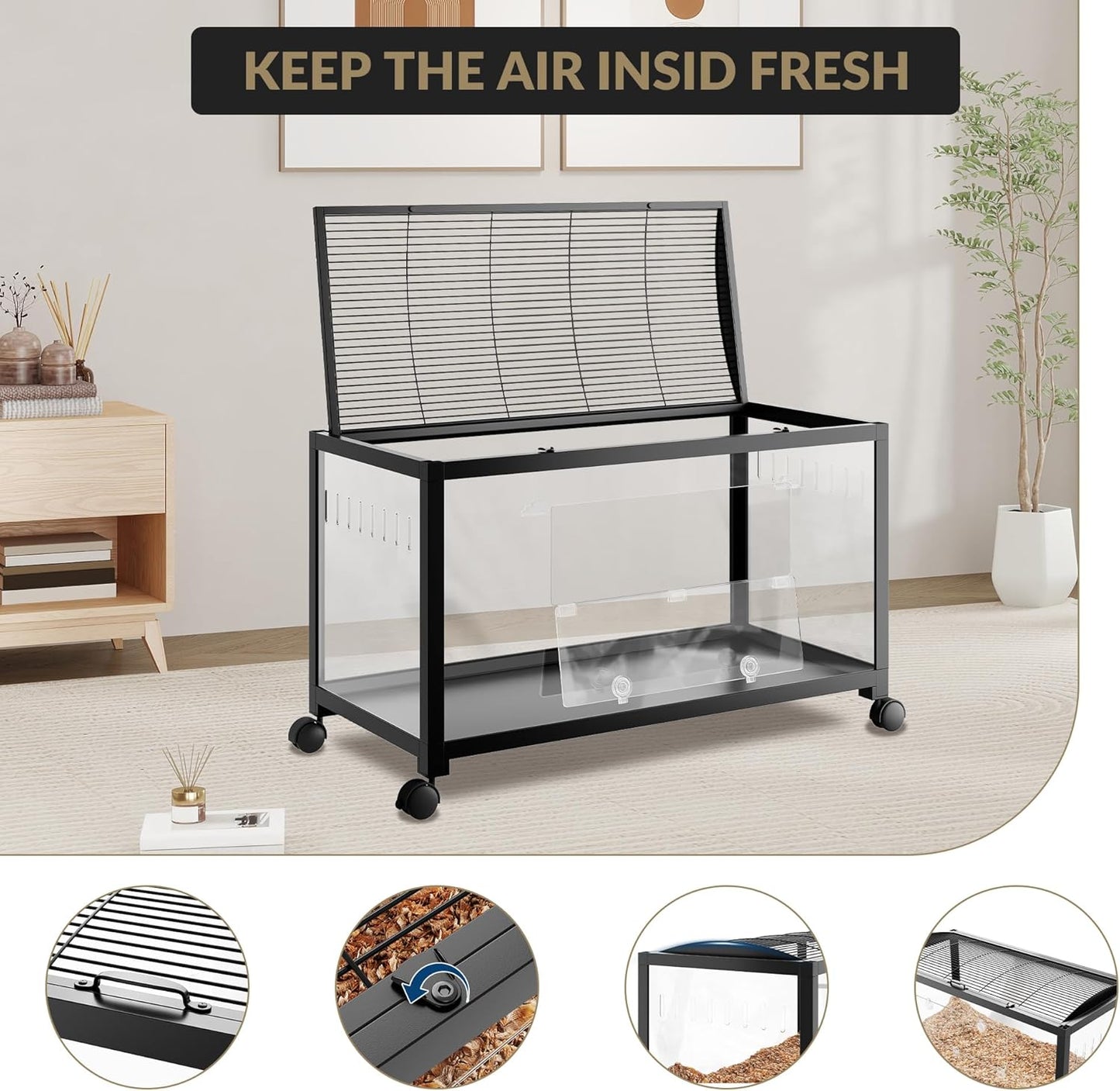 Large Metal Hamster Enclosure Rat Cage with 360 Viewing Acrylic Sides, Ventilated Front Door & Openable Top, Portable Hamster Tank for Guinea Pig, Chinchilla, Gerbil, 37.8''Lx18.5''Wx20''H Black