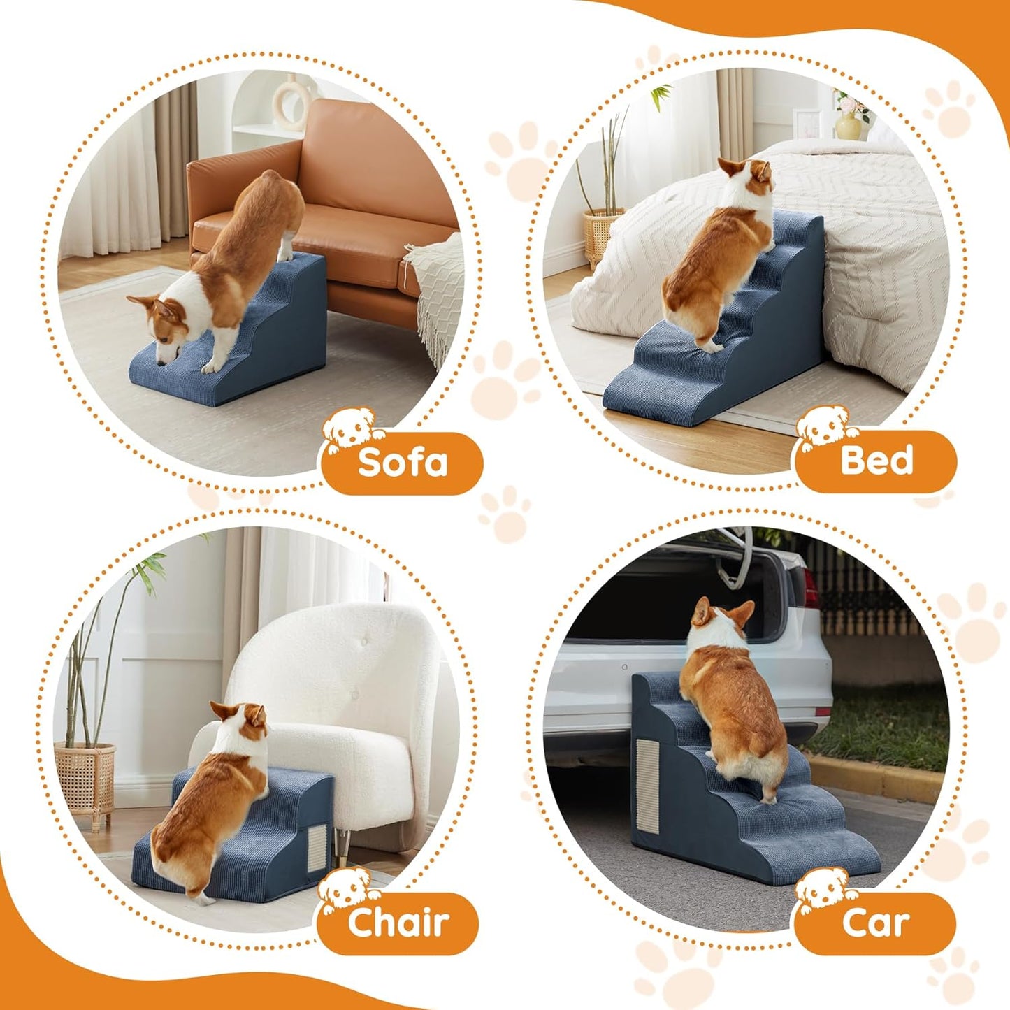 Navy Portable Pet Steps - 4-Step Dog & Cat Ramp for Bed, Couch, Sofa & Chairs - Non-Slip, High Density Foam