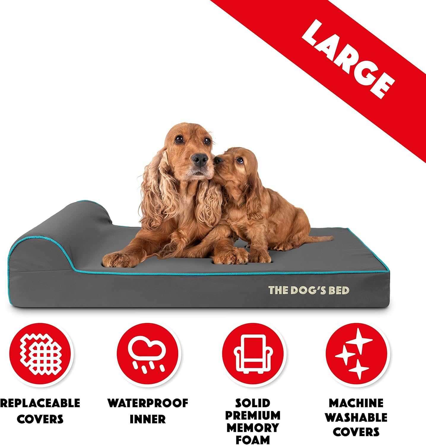 The Dog’s Bed Orthopedic Headrest Dog Bed Large Grey with Blue Trim, Memory Foam, Pain Relief for Arthritis, Hip & Elbow Dysplasia, Post Surgery, Veterinary Approved, Waterproof Washable Cover