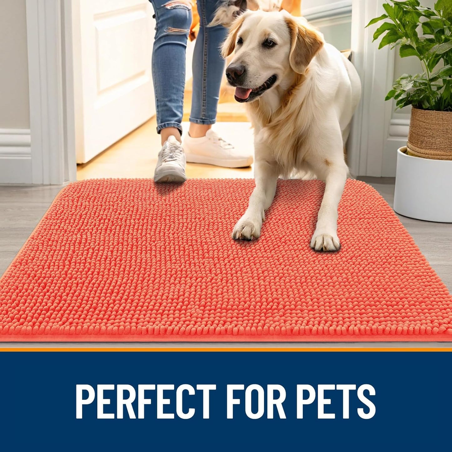 OLANLY Dog Door Mat for Muddy Paws 70x46, Absorbs Moisture and Dirt, Absorbent Non-Slip Washable Doormat, Quick Dry Chenille Mud Mat for Dogs, Entry Indoor Entryway Carpet for Inside Floor, Coral