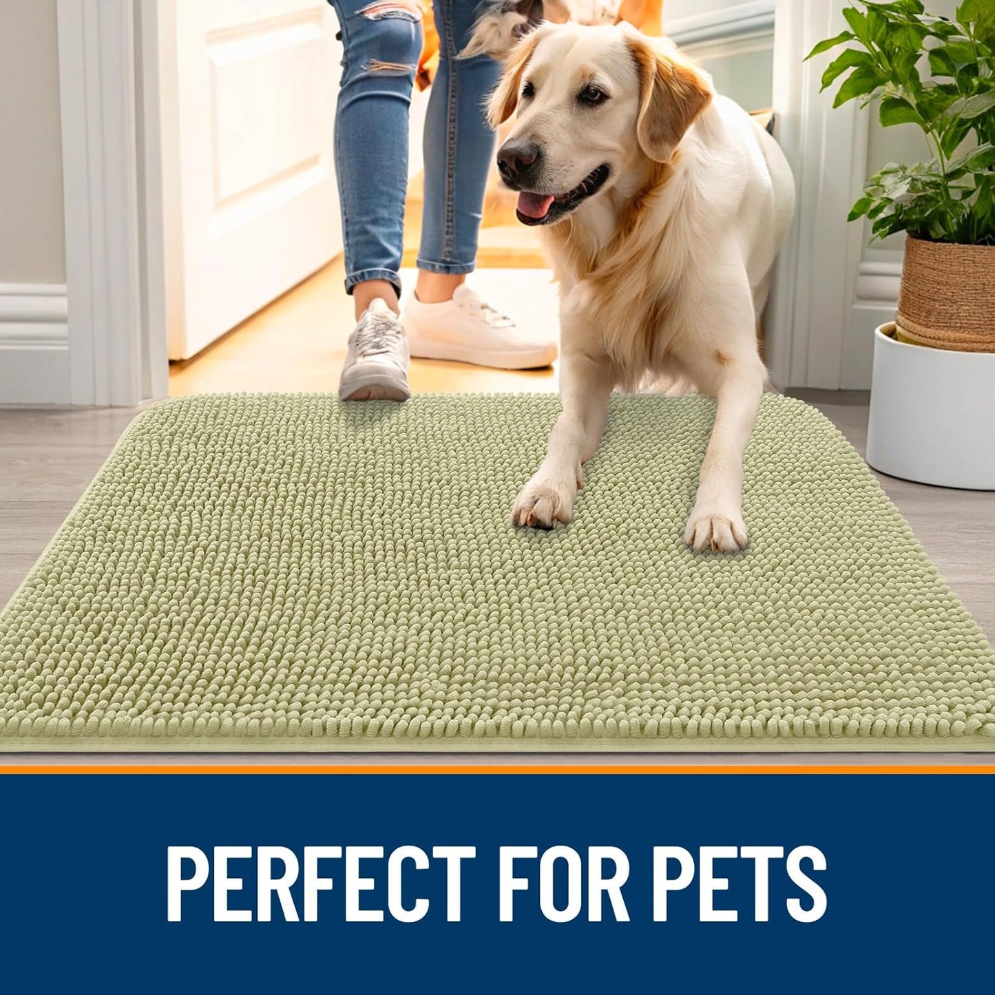 OLANLY Dog Door Mat for Muddy Paws 44x24, Absorbs Moisture and Dirt, Absorbent Non-Slip Washable Doormat, Quick Dry Chenille Mud Mat for Dogs, Entry Indoor Entryway Carpet for Inside Floor, Vanilla
