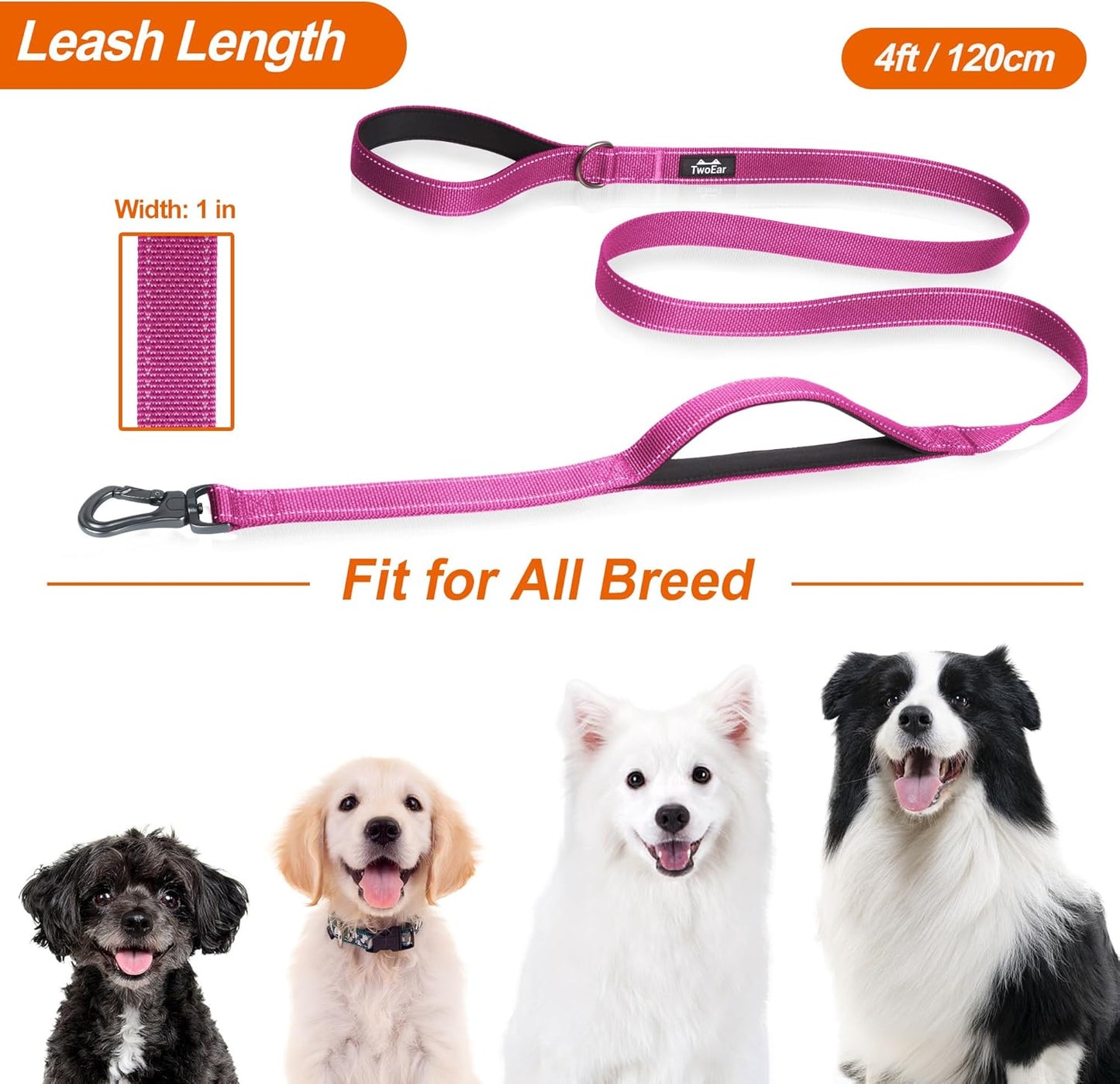 TwoEar 4FT 1IN Strong Rose Dog Leash with 2 Padded Handles, Traffic Handle Extra Control, Comfortable Soft Dual Handle, Auto Lock Hook, Reflective Walking Lead for Small Medium and Large Dogs