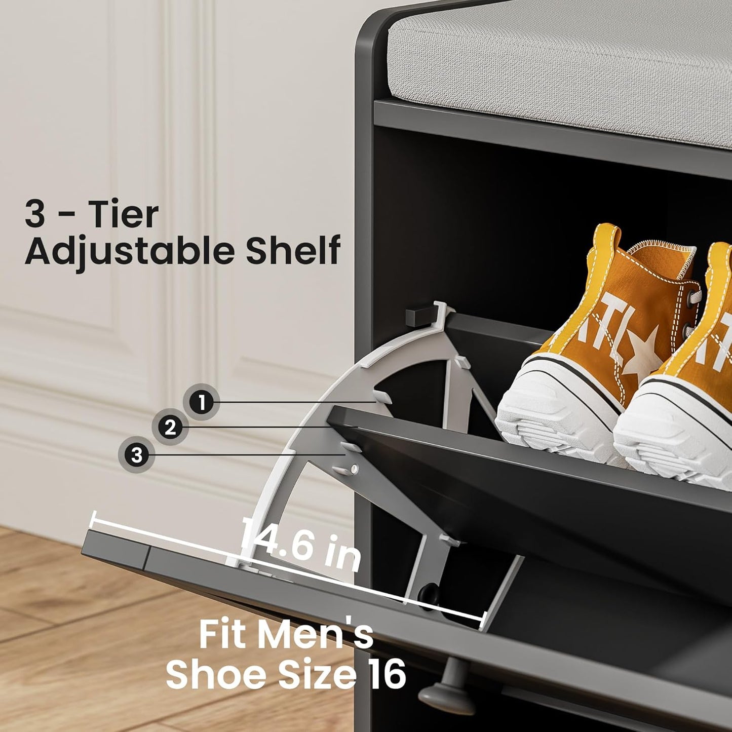 MHOM Black Modern Entryway Bench with 2 Flip Drawers, Shoe Bench with Padded Seat Cushion, Wooden Storage Bench for Bedroom and Apartment