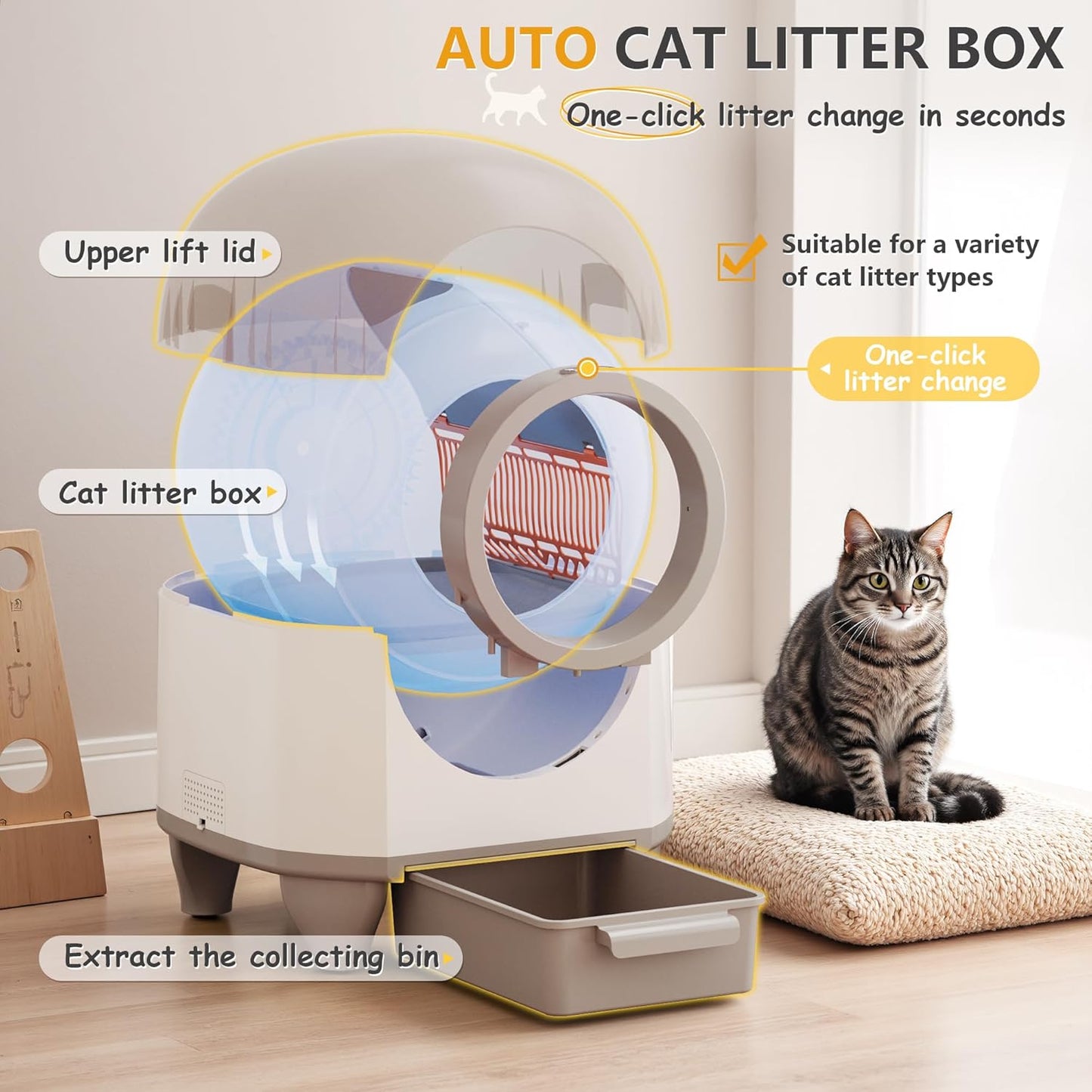 WARCAT Self Cleaning Litter Box Automatic, 90 L Automatic Cat Litter Box for Multiple Cats APP-Controlled with Smart Sensors, Safety Protection,Mat,1 Roll Garbage Bag (Brown)