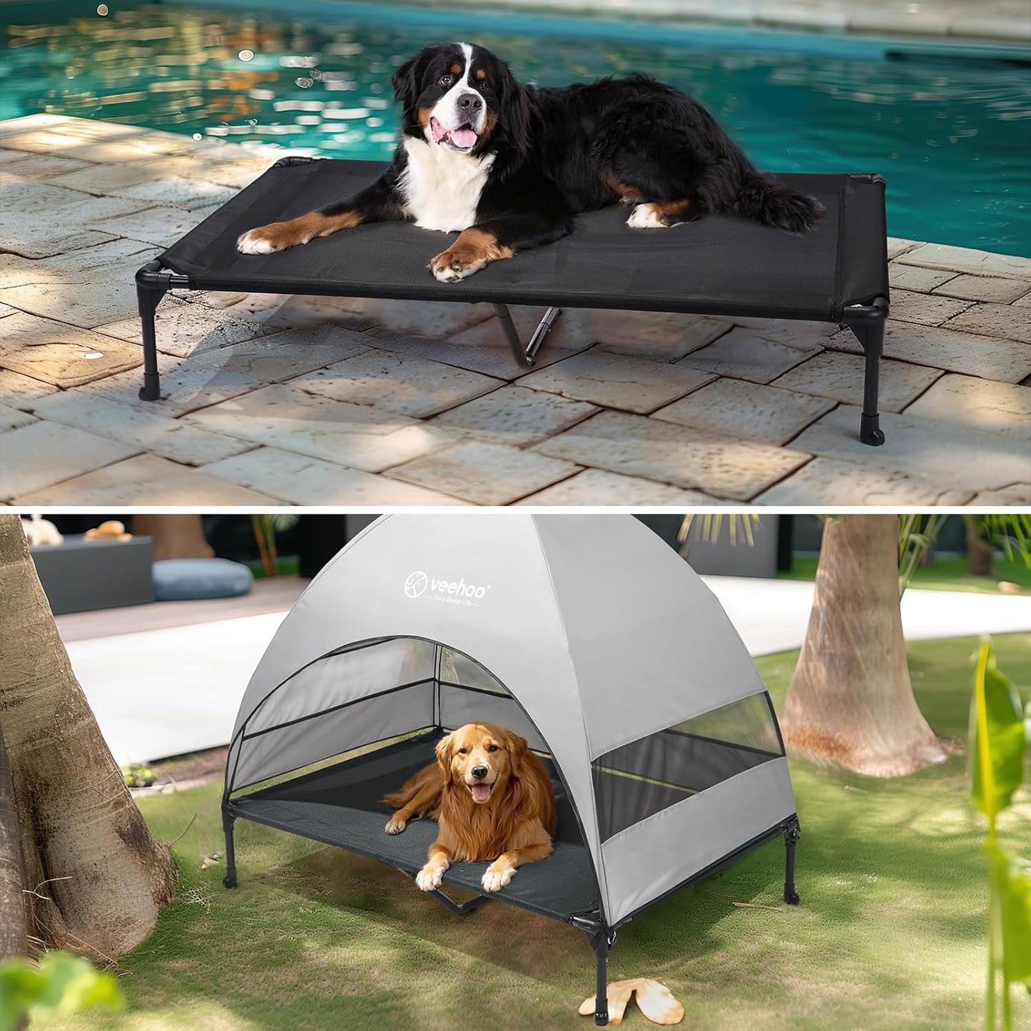 Veehoo Outdoor Dog Bed with Canopy, Cooling Elevated Pet Cot with Removable Shade, Non-Slip Feet, Raised Dog Cot for Large Dogs, Pet Tent Bed for Camping, Beach, XLarge, Black + Grey, CWC2411