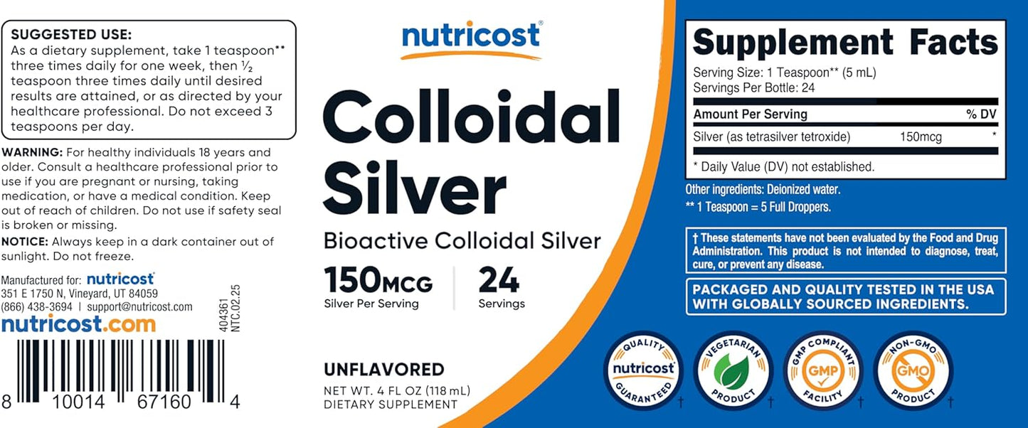 Nutricost Colloidal Silver 4oz - Cobalt Blue Glass Bottles, Bio-Active Colloidal Silver