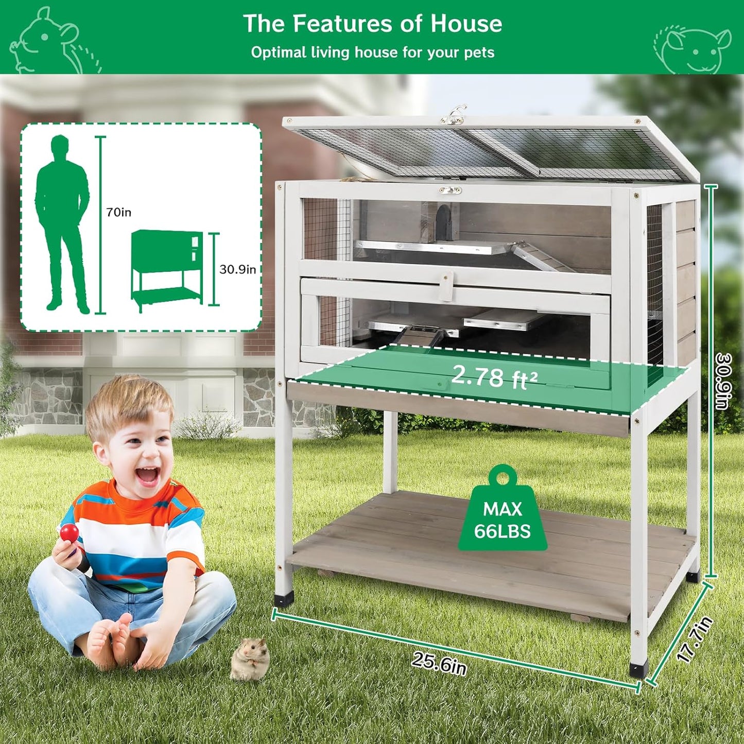 Guinea Pig Cages Wooden Hamster Cage Indoor with Stand and Storage Outdoor Small Animals Habitat with Metal Edges Ramps Hideout House,No Leak and Pull Out Tray, Easy Clean