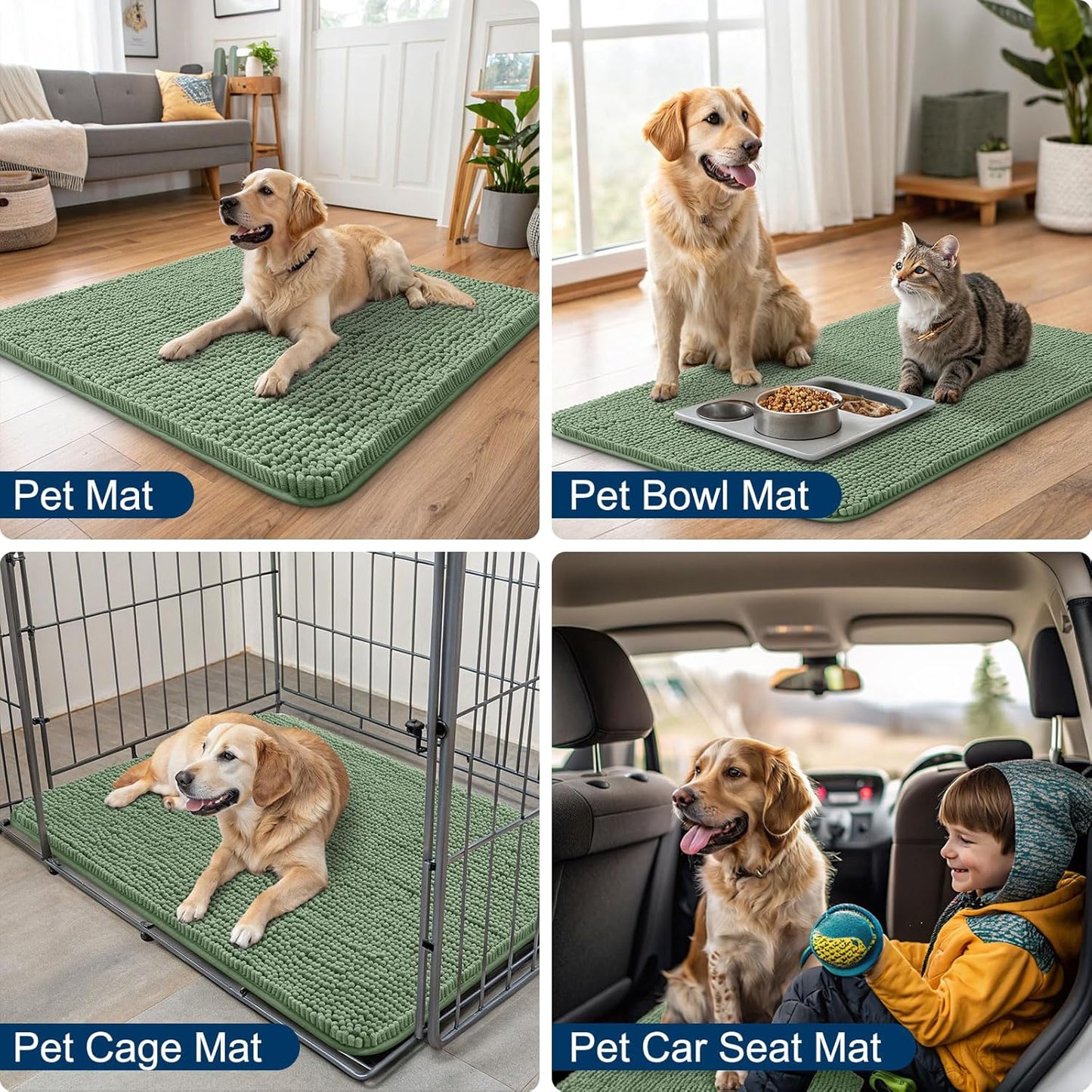 Smiry Dog Door Mat for Muddy Paws 36x24, Absorbs Moisture and Dirt Doormat, Non-Slip Washable Quick Dry Chenille Front Door Mat Indoor Entrance, Entryway Carpet for Inside Floor, Olive Green
