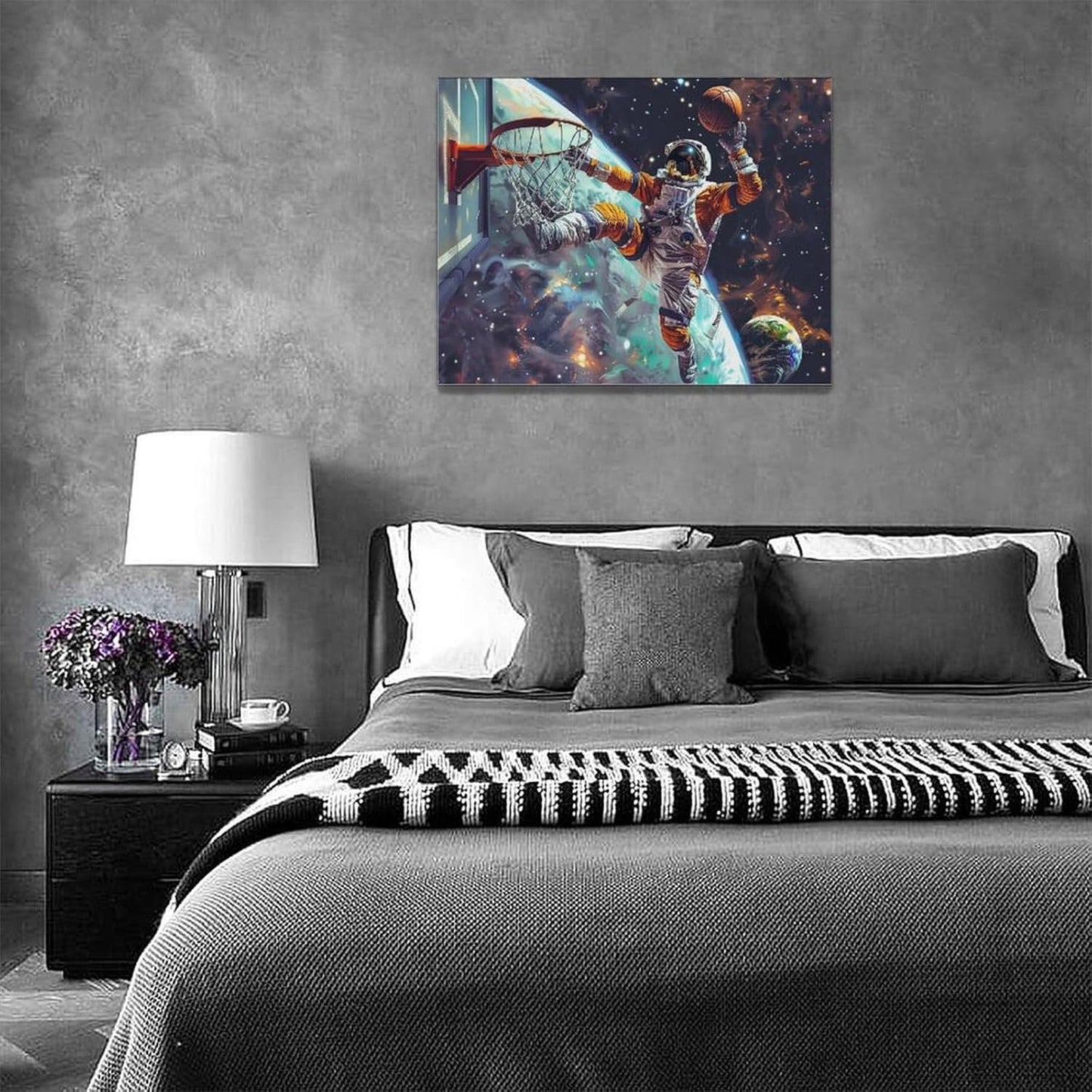 Quorin Astronaut Wall Art Funny Spaceman Basketball Pictures Space Galaxy Planet Wall Decor Canvas Print Painting Artwork for Bathroom Living Room Bedroom 12"x16"