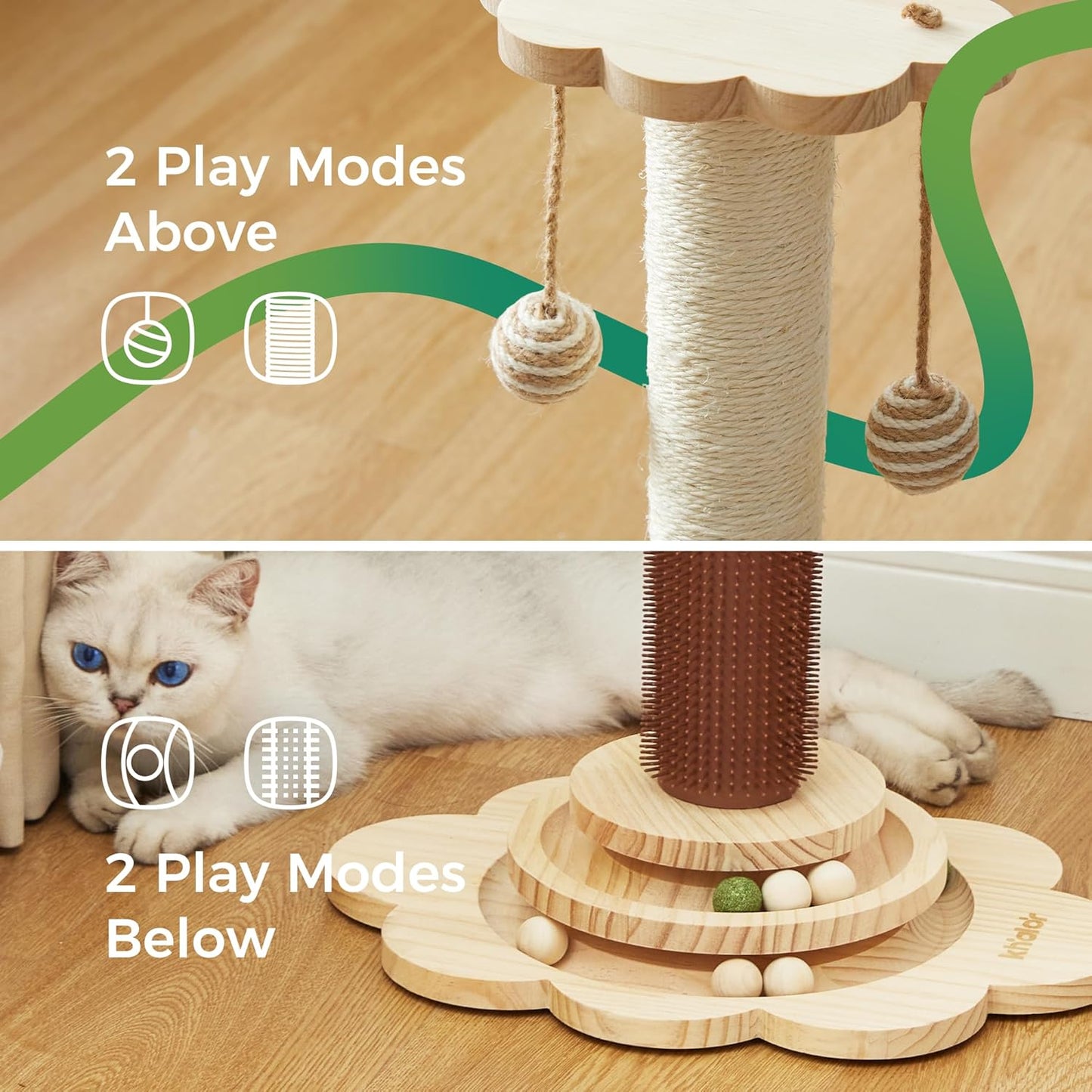 Cat Sisal Scratching Post, 4 in 1 Wooden Cat Scratcher Toy with Groomer, 24" Tall Scratch Post with 2-Layer Interactive Track Balls, Cat Climbing Tree with 2 Hanging Balls for Kittens