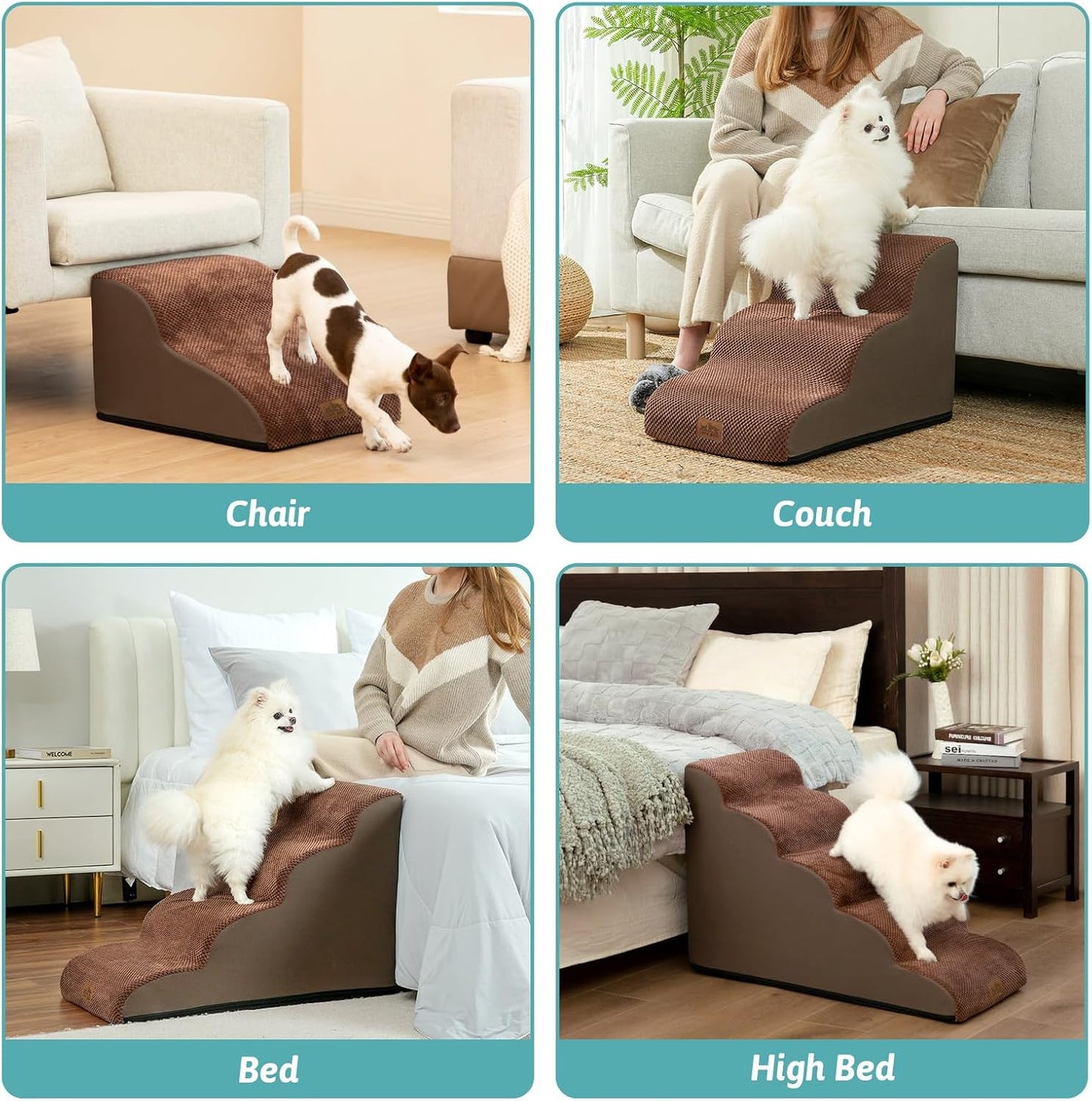 Dog Stairs for Small Dogs 19.7" H, Curved Dog Step for Puppy, Older or Cat, Medium Pet Ramp for Sofa, Couch or Bed, Ladder with High Density Foam, 15.7x28.3x19.7 inch, 4 Step, Brown