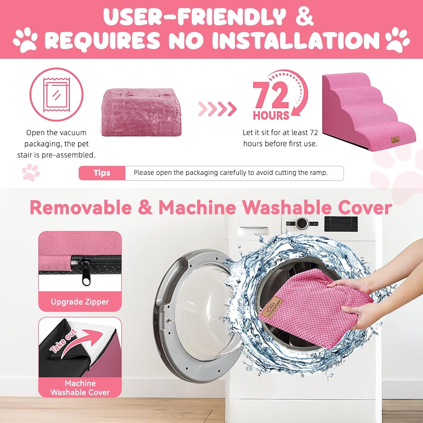 Dog Ramp and Stair for Bed 16" H-20 H,3-Step Cat Stair for Sofa and Chair,4-Step Dog Ramp for High Bed and Window,Durable Nonslip Fabric Cover for Indoor (Pink-20 H, Pet Friendly, 4)