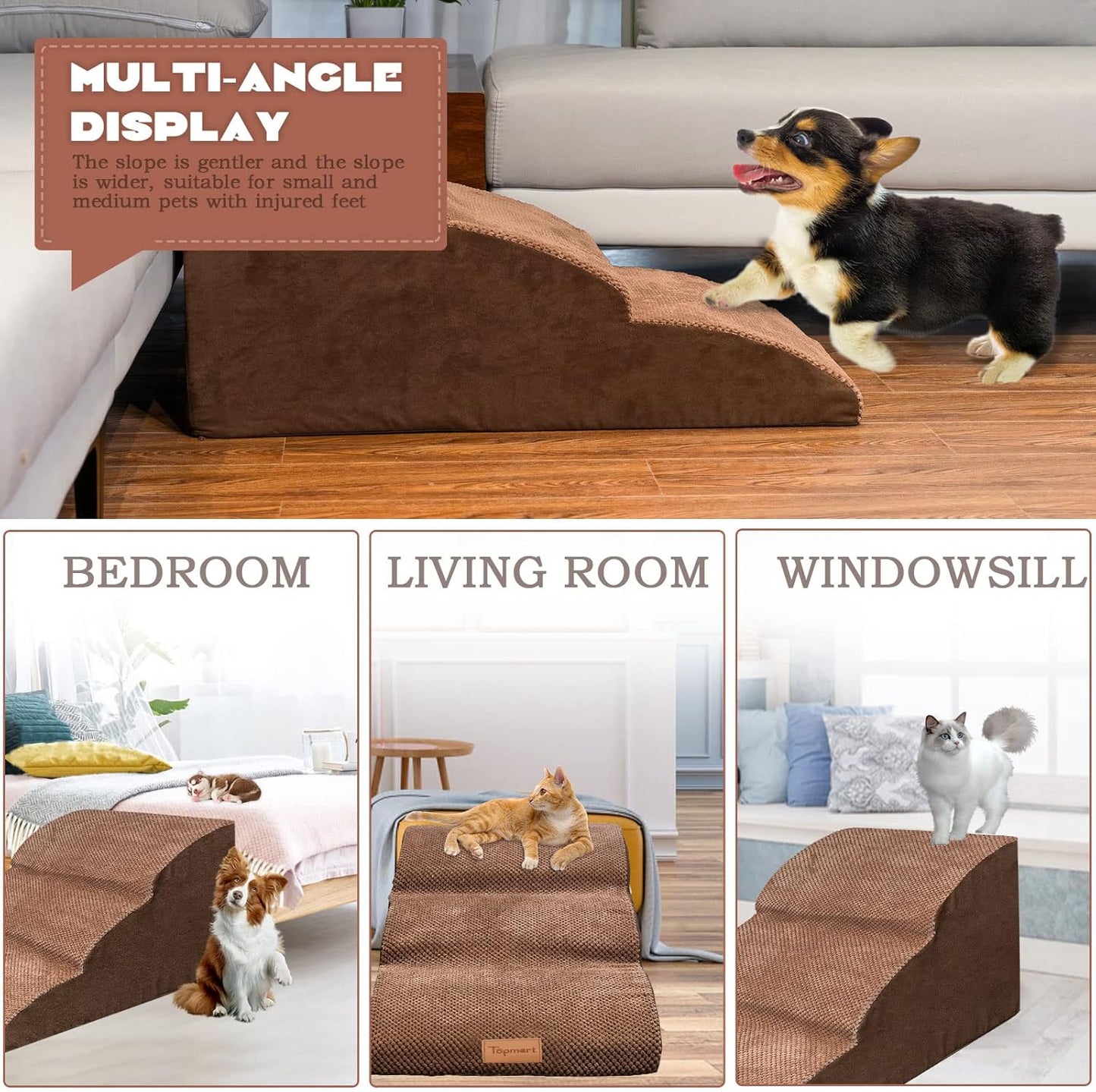 Topmart High Density Extended Foam Dog Ramp&Steps 3 Tiers,15.7" High,Non-Slip Dog Stairs with Waterproof Cover,Soft Foam Pet Ladder,Best for Injured,Older Cats,Pets with Joint Pain