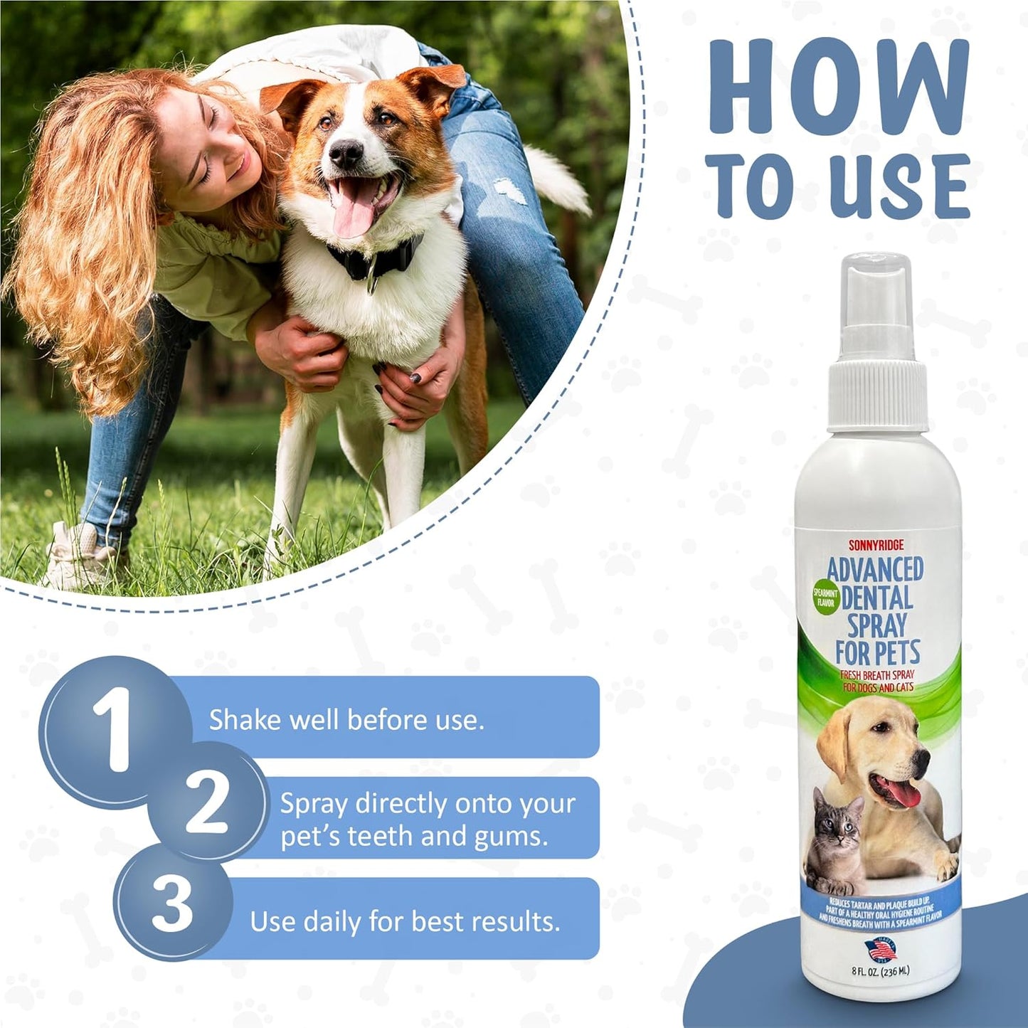 Dog Dental Spray Removes Tartar, Plaque and Freshens Breath Instantly. The Most Advanced Dental Spray for Healthy Teeth, Gums and Oral Health Care for Your Dog, Cat or Pet - 1-8 oz. Bottle