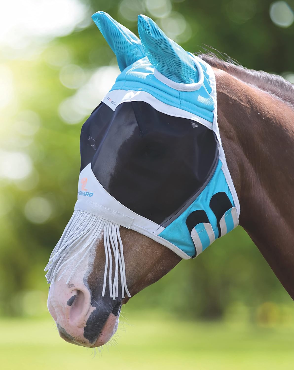Shires Fine Mesh Horse Equine Fly Mask with Ears & Nose Fringe UV Protection (Extra Full, Teal