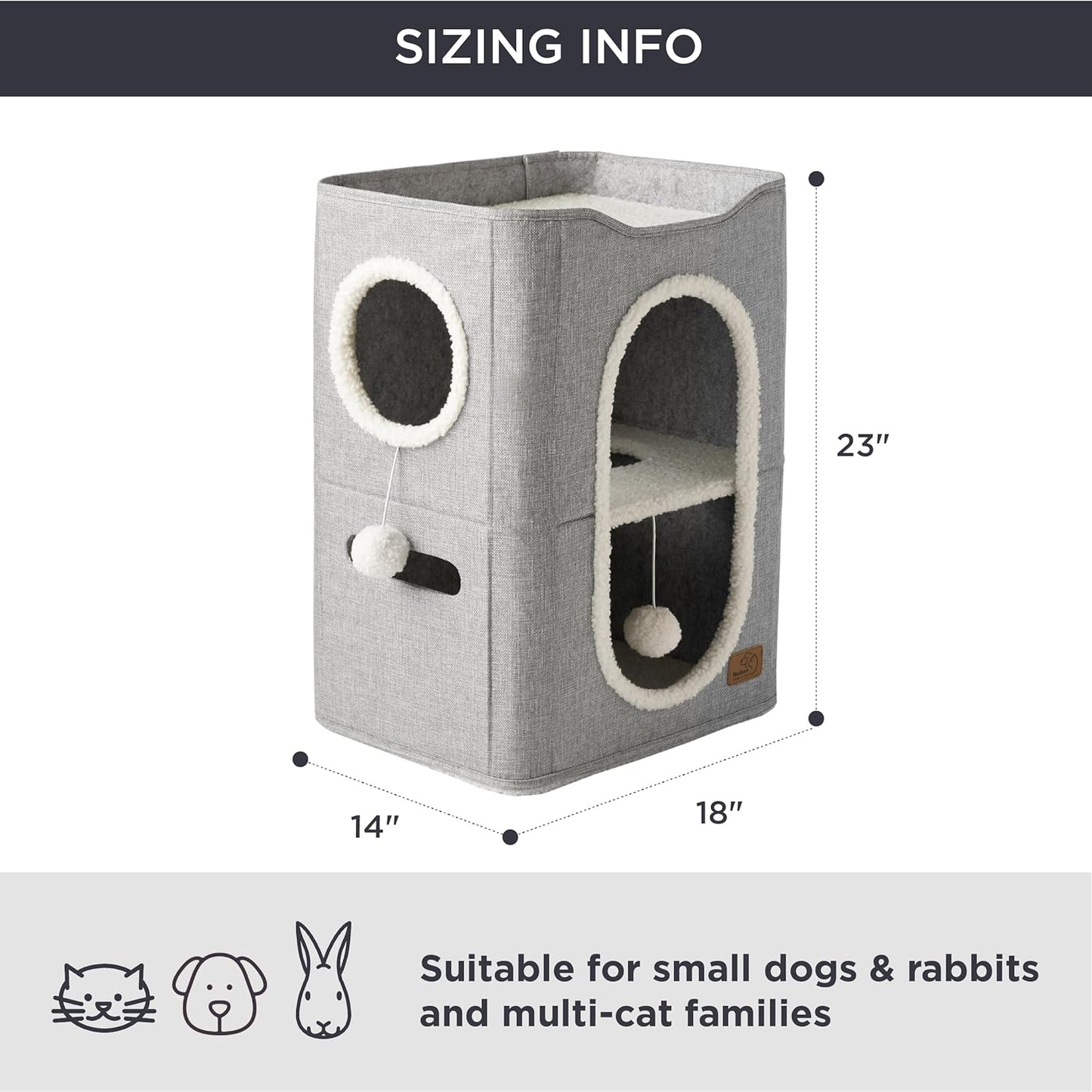 Bedsure 2 Story Cat House - Cat Condos for Indoor Cats with Scratch Pad and Fluffy Ball Hanging, Small Pet Cave Furniture Hideaway for Multi Pets, 18x14x23 inches, Grey