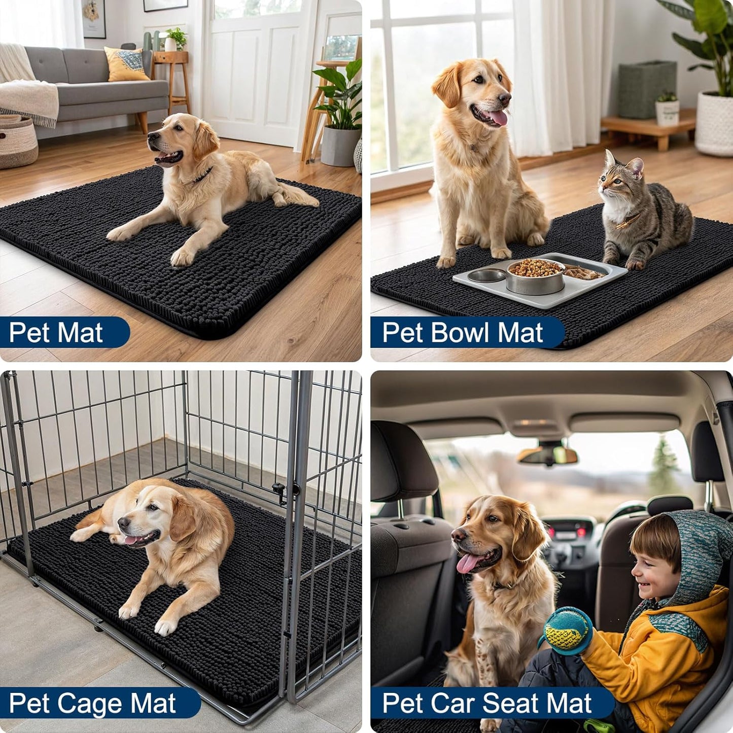 Smiry Dog Door Mat for Muddy Paws 47x24, Absorbs Moisture and Dirt Doormat, Non-Slip Washable Quick Dry Chenille Front Door Mat Indoor Entrance, Entryway Carpet for Inside Floor, Black