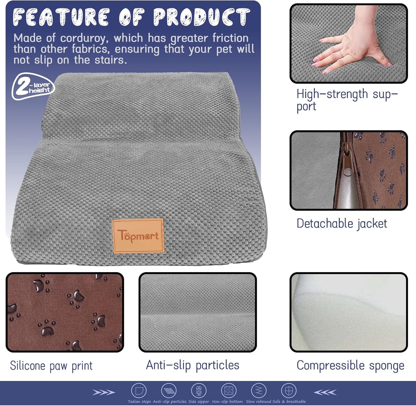 Topmart High Density Extended Foam Dog Ramp&Steps 2 Tiers,11.8" High,Non-Slip Dog Stairs,Soft Foam Pet Ladder with Waterproof Cover,Best for Injured,Older Cats,Pets with Joint Pain