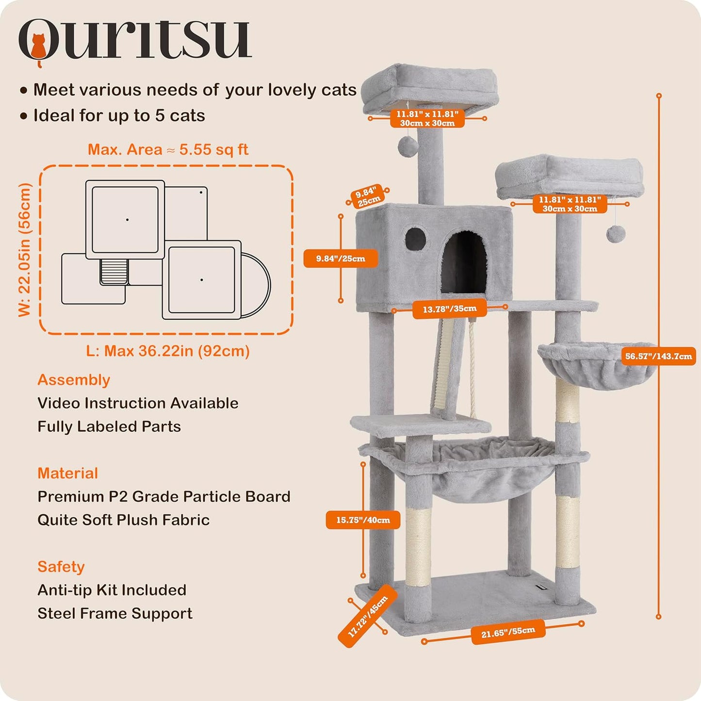Ouritsu Cat Tree, 56 inch Tall Cat Tower for Large Cat Indoor, Large Condo, 2 Padded Perches, Steel-Framed Hammock, Scratching Post and ramp, Fluffy Basket, Light Gray, LF001GA