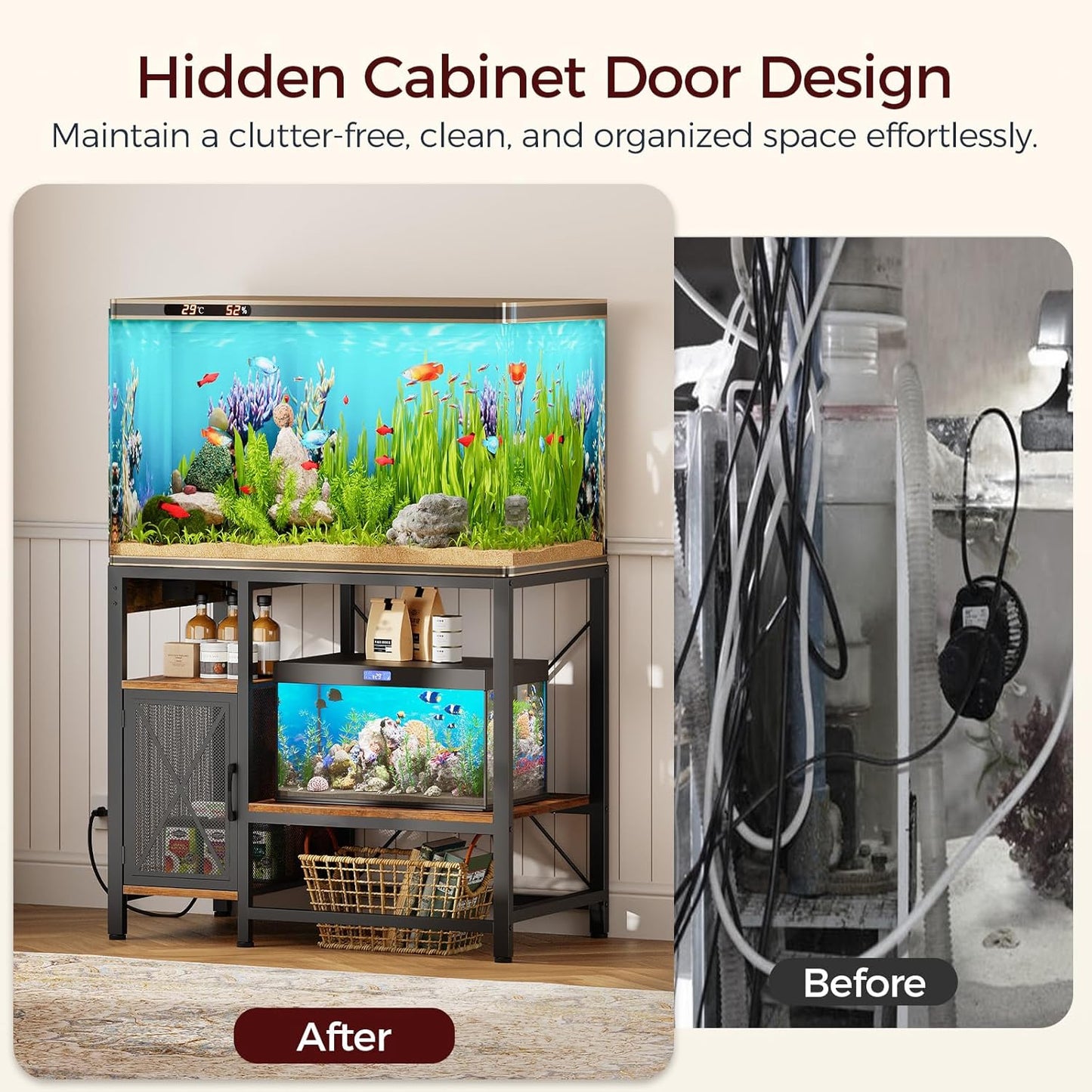 40-50 Gallon Fish Tank Stand, Aquarium Stand with Power Outlet and Storage Cabinet, Heavy Duty Tank Stand Suitable for Turtle Tank, Reptile Terrarium, for Home Office, Rustic Brown FTHR50E01