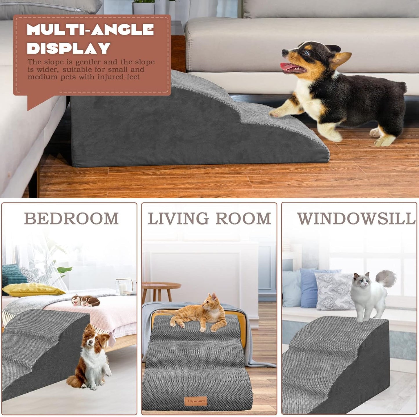 Topmart High Density Extended Foam Dog Ramp&Steps 3 Tiers,15.7" High,Non-Slip Dog Stairs with Waterproof Cover,Soft Foam Pet Ladder,Best for Injured,Older Cats,Pets with Joint Pain