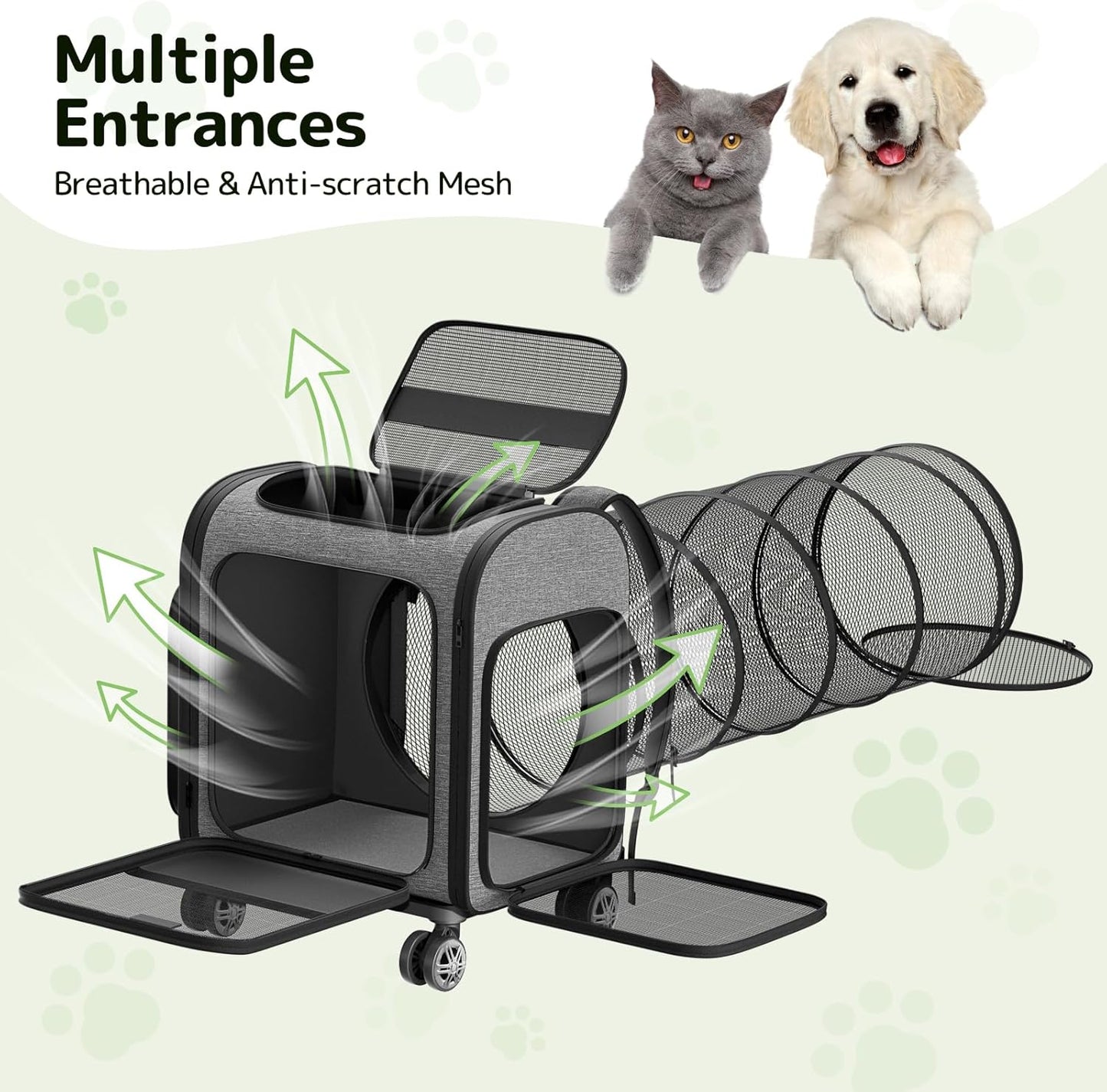 Rolling Cat Carrier with Wheels: Dog Carrier for Small Dogs & Large Cats, Expandable Pet Carrier on Wheels with Cat Play Tunnel, Large Capacity, Breathable Mesh, Side Pocket, Grey