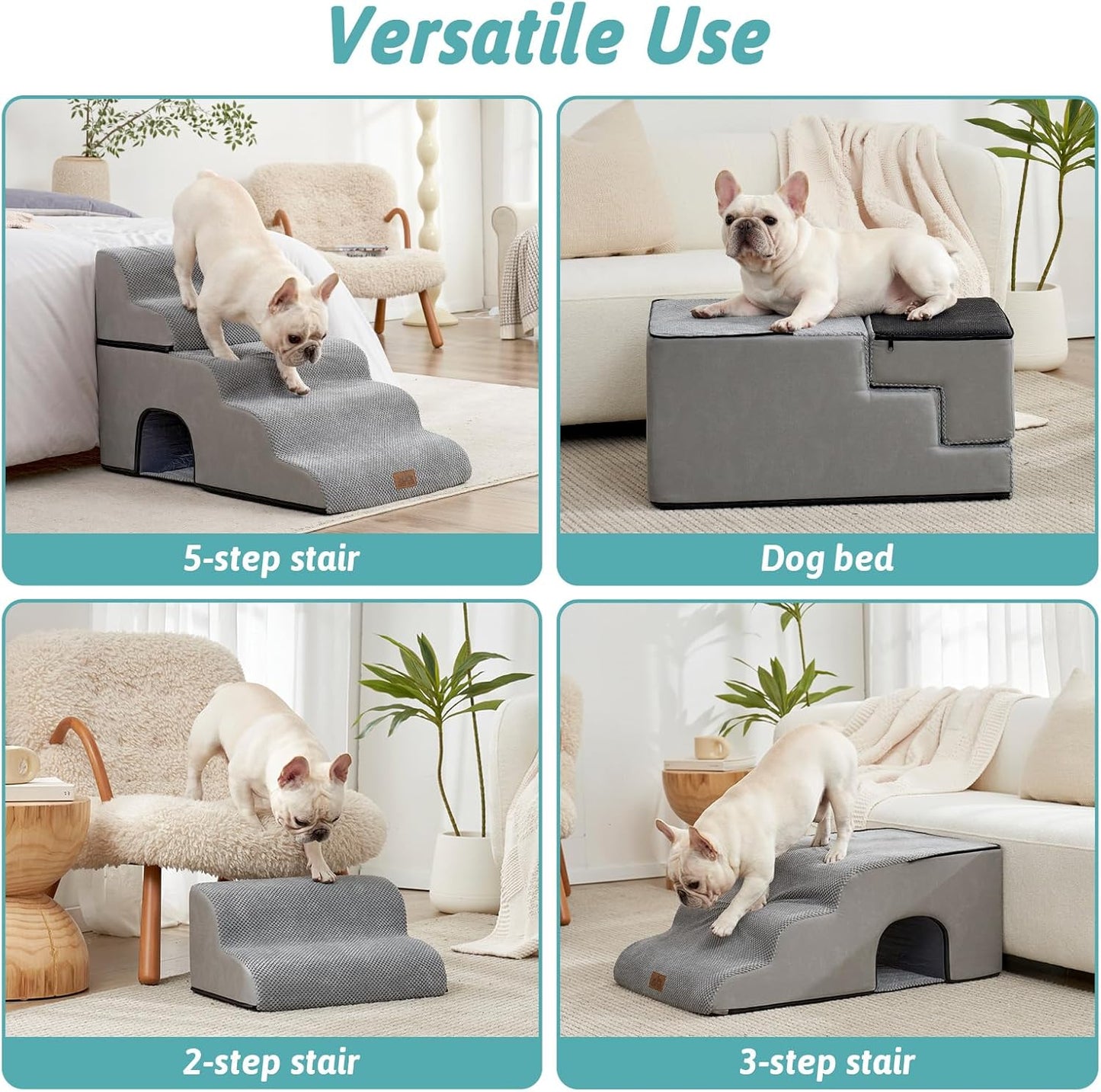 Extra Wide Dog Stairs with Tunnel, Detachable Large Pet Step for Small Medium Dog, Puppy or Cat, Ramp for High Bed, Couch, Sofa or Car, Stable, 19.7x33x22.4 inch, 5 Step, Grey