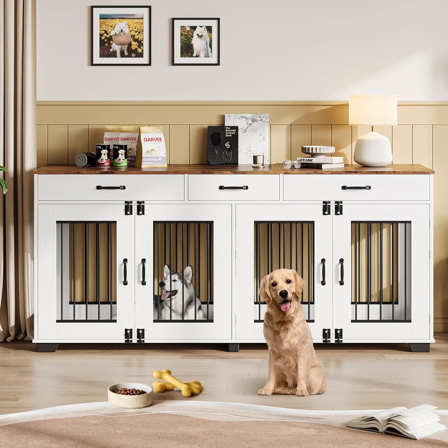 71 Inch Dog Crate Furniture for 2 Rooms, Wooden Double Crate Large Breed with Door, Dog Kennel Indoor, TV Stand End Table with Divider for Large Medium Dogs,White/Brown