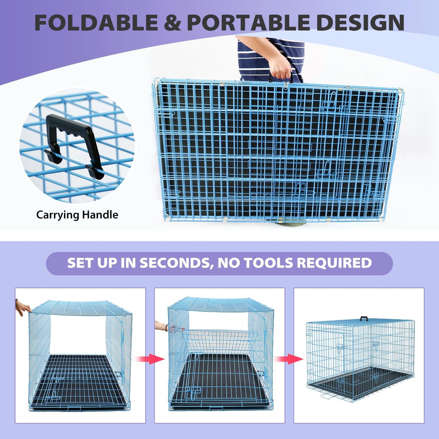 BestPet | Dog Crate | 48" | Blue | Foldable Metal Kennel with Double Doors, Secure Slide-Bolt Latches, Leakproof Tray | Portable Dog Cage for Large Breeds | for Travel, Indoor & Outdoor Use