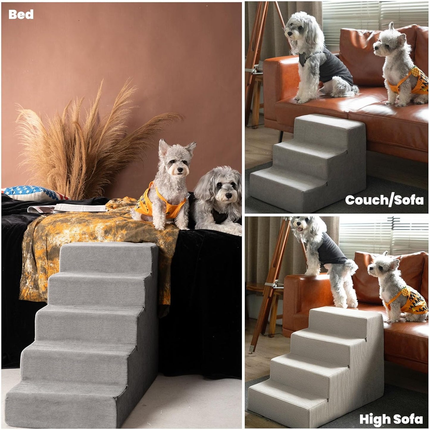 MEWANG Dog Stairs for Small & Medium Dogs and Old Cats –3/4/ 5 Steps High-Density Foam Pet Ramp for Bed & Couch, Non-Slip, Washable Cover, Grey (Square Corner, 4 Steps: 23.94''×18.27''×14.96'', 2)