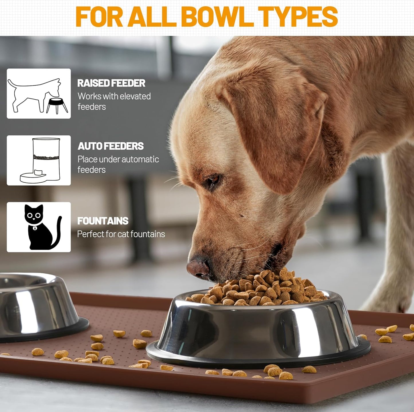 Hubulk Dog Feeding Mat,100% Waterproof Food Grade Silicone Pet Food and Water Bowl Placemat,Dishwasher, High Raised Edge to Prevent Spills,Nonslip Tray to Stop Messes on Floor(28"x18"x0.8", Brown)