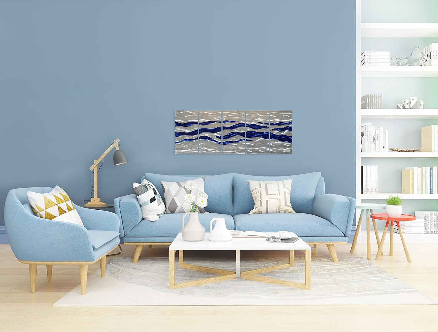 SYGALLERIER Abstract Coastal Metal Wall Art Handcrafted Big 3D Blue and Silver Artwork Modern Sea Waves Pictures Contemporary Sculpture for Living Room Bedroom Bathroom Decor