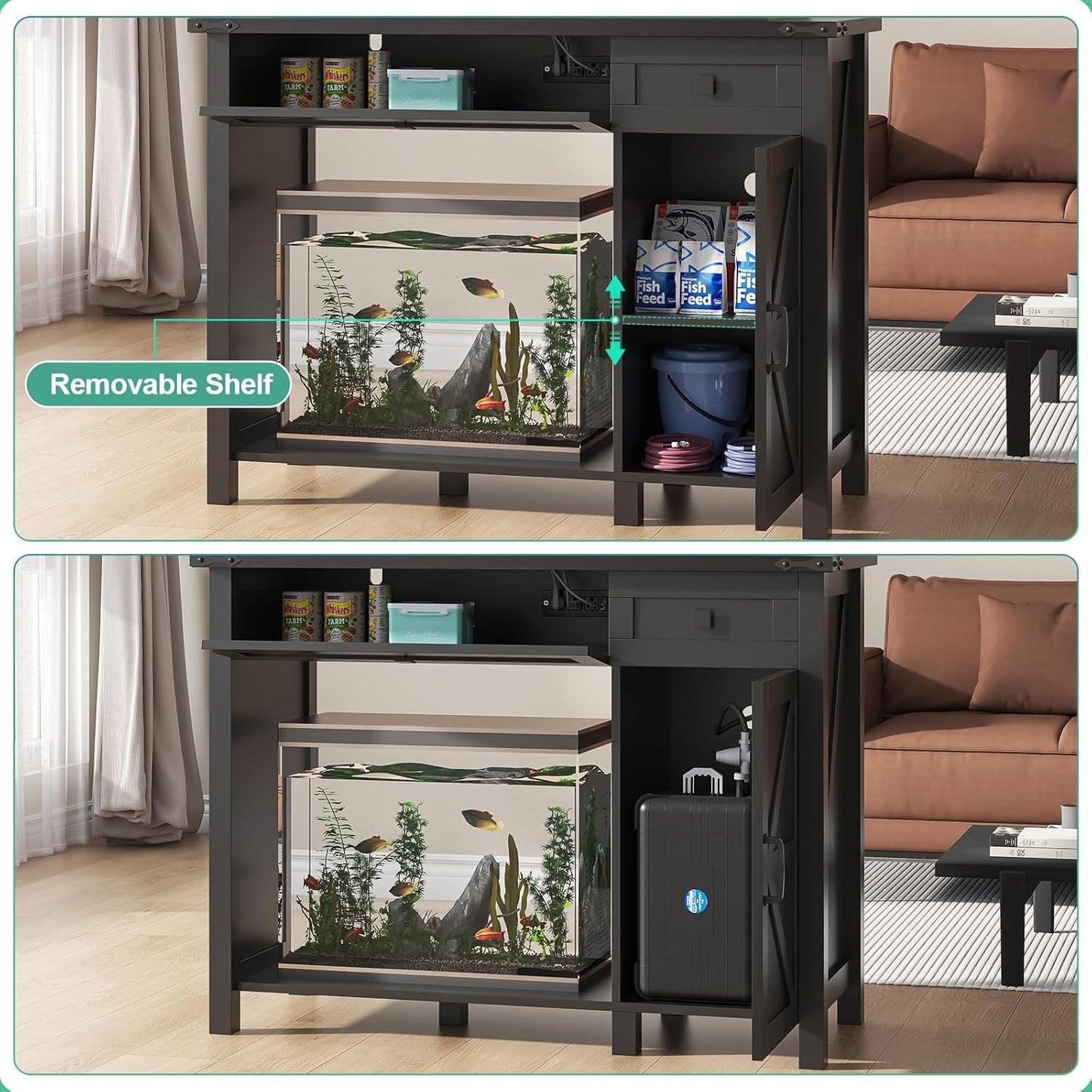 40 Gallon Aquarium Stand With Charging Station, Farmhouse Fish Tank Stand, Reptile Tank Stand Terrarium Stand with Drawer and Cabinet Storage, Sturdy Heavy Duty 41.9"×18.3" Tabletop - Black