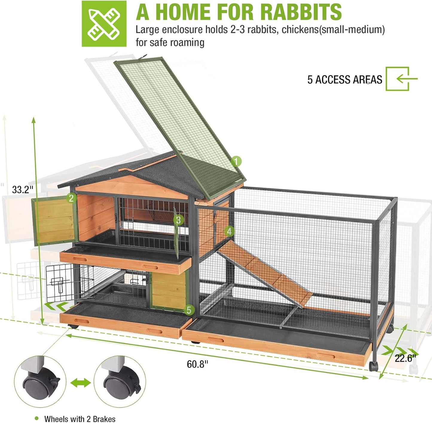 GUTINNEEN Rabbit Hutch with Chew-Resistant Metal Frame Indoor Bunny Cage Outdoor Rabbit Cage with Wheels and Leakproof Tray
