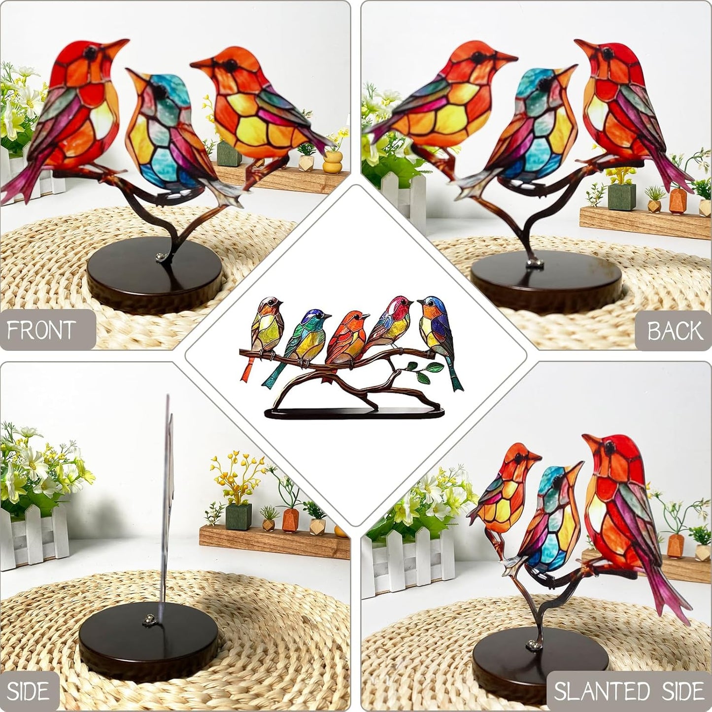 5 Birds on a Branch, Metal Desktop Decorations, Home Bird Decorations for Office, Window, Aviary, Garden, Gifts for Bird Lovers, Boxed Set.