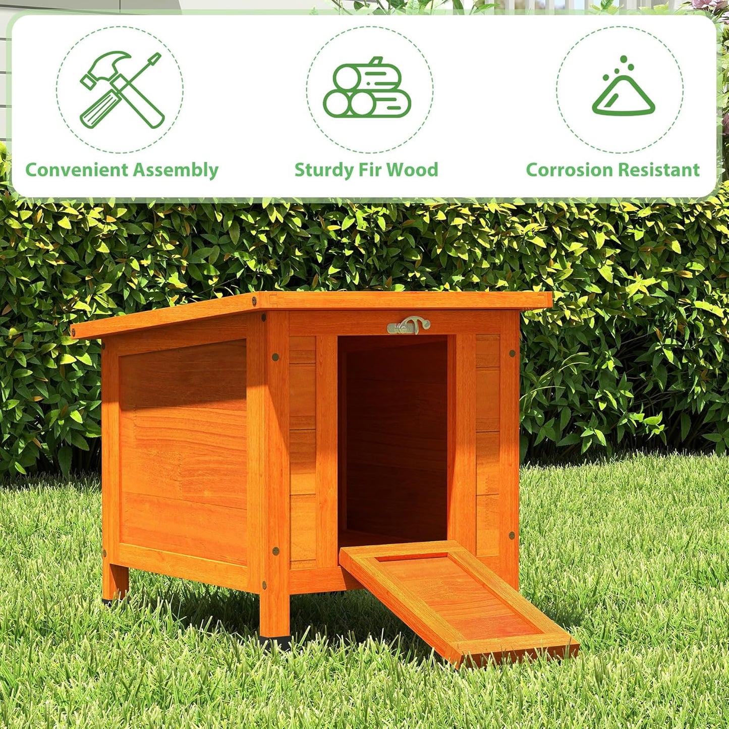 Coziwow Rabbit Hutch, Outdoor Cat House Weatherproof, Bunny Cage Indoor with Openable, Portable Small Animals Shelters with Nonslip Ramp for Hideout Rabbits/Feral Cats/Chicken/Small Animals-Orange