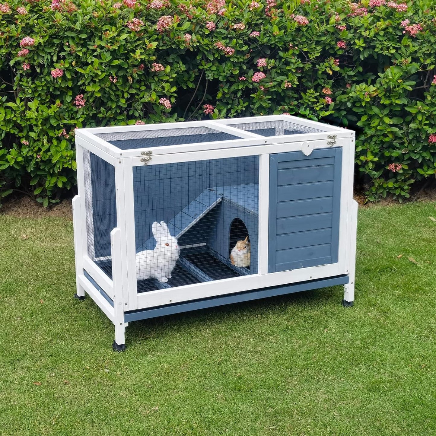 Two Floors Wooden Indoor Bunny Hutch Rabbit Cage on Wheels Guinea Pig PET House for Small to Medium Animals Waterproof No Leak Tray (M)