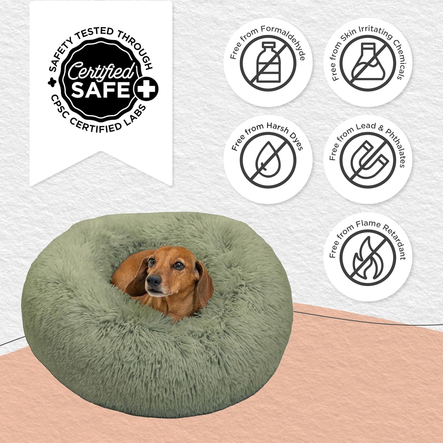 Best Friends by Sheri Original Calming Donut Dog and Cat Bed, Shag Faux Fur, Sage Green, (23in x 23in) - Anxiety Relief for Pets Up to 25 lbs