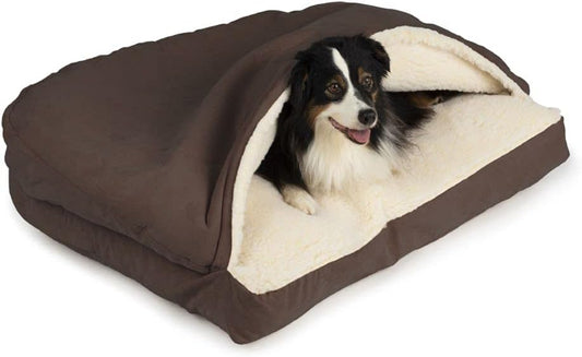 Snoozer Luxury Rectangle Cozy Cave Dog Bed - Indoor Dog Bed with Cover Cave, Covered Calming Burrow for Medium & Large Sized Pets with Blanket Attached, Enclosed, Washable - Large, Hot Fudge