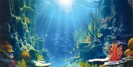 24X16IN Blue Sea Floor Aquarium Background, Natural Underwater World 3D Effect Fish Tank Decorations Background, Art Terrarium Background with 8 EVA Double-Sided Tape
